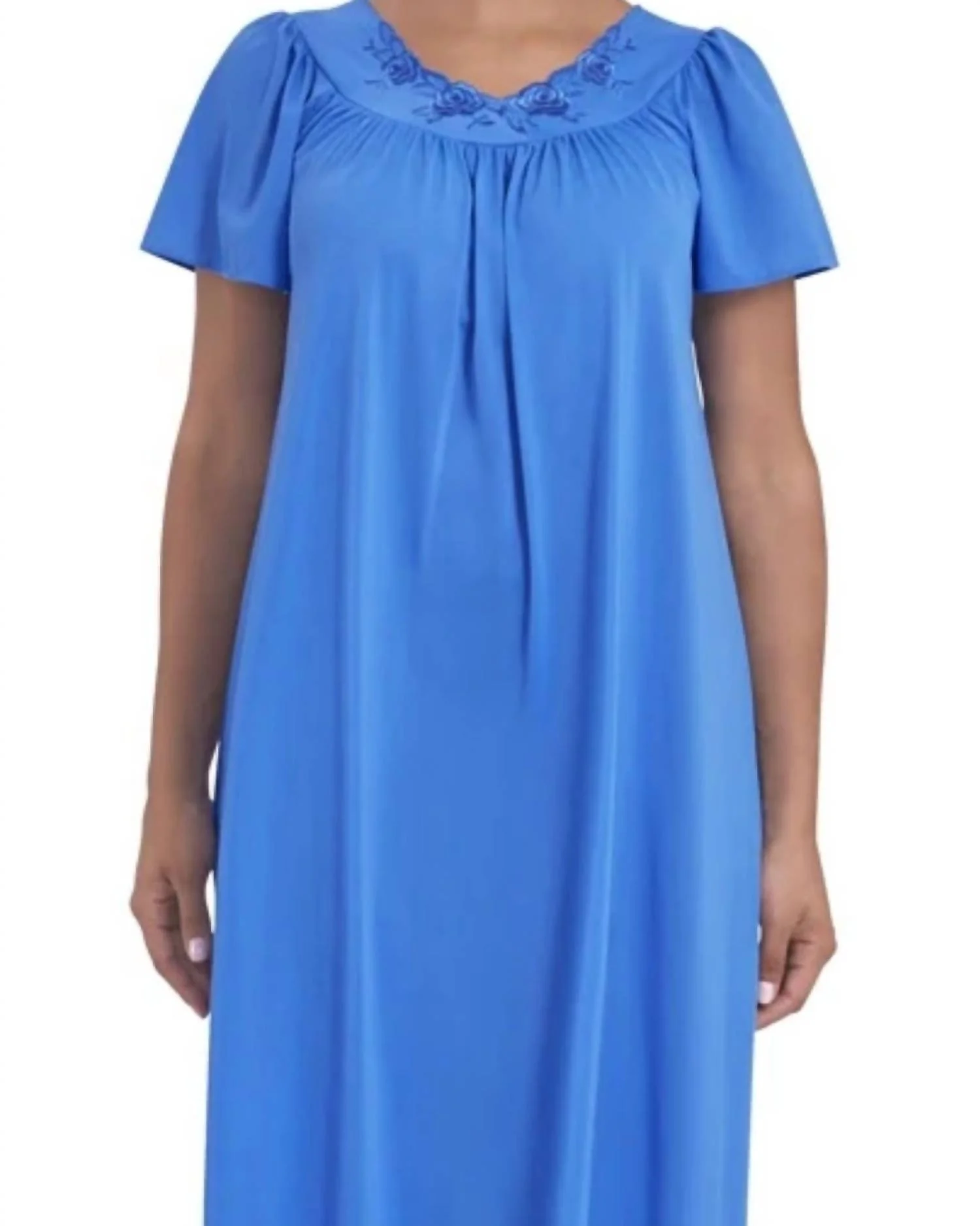Flower Petal Embroidery And Flutter Sleeves Long Nightgown In Sapphire