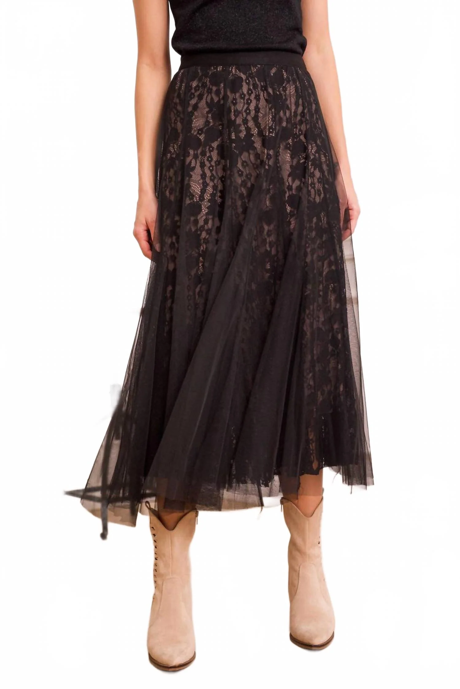 Lace & Tulle Skirt In Black Nude