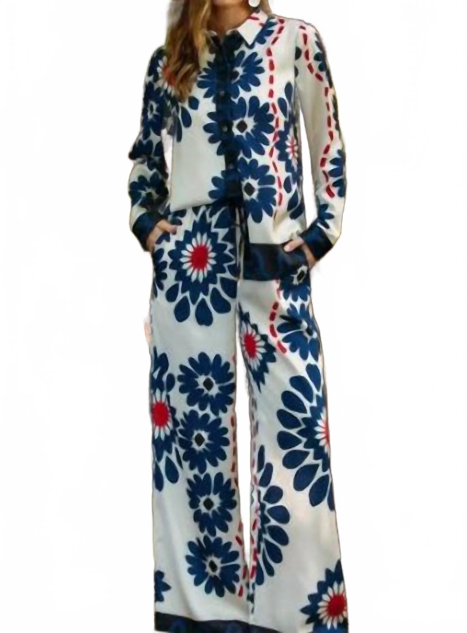 Floral Co-Ord Long Sleeve Button Down Shirt In Ivory + Navy