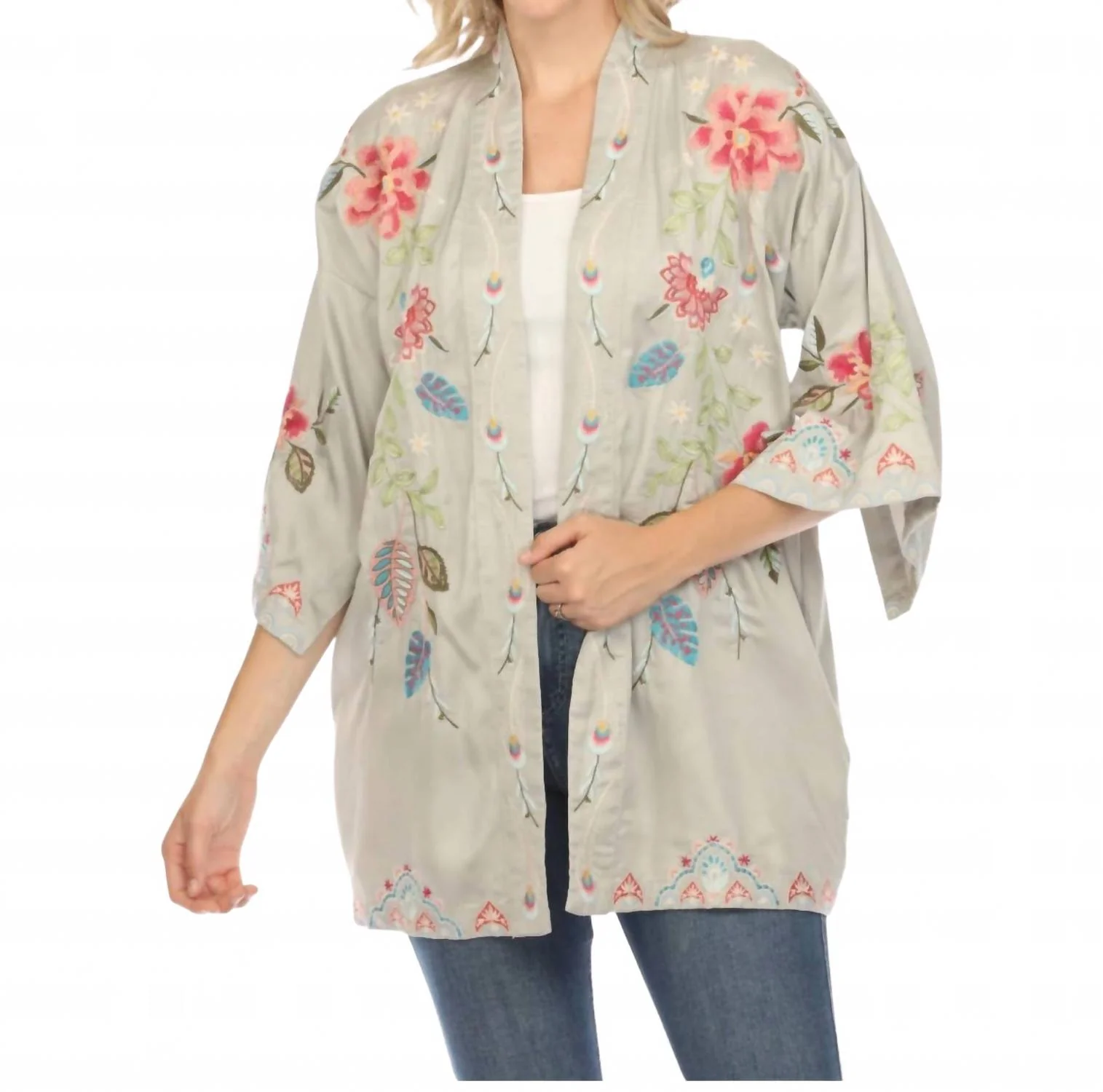 Emika Embroidered Kimono Top In Sand