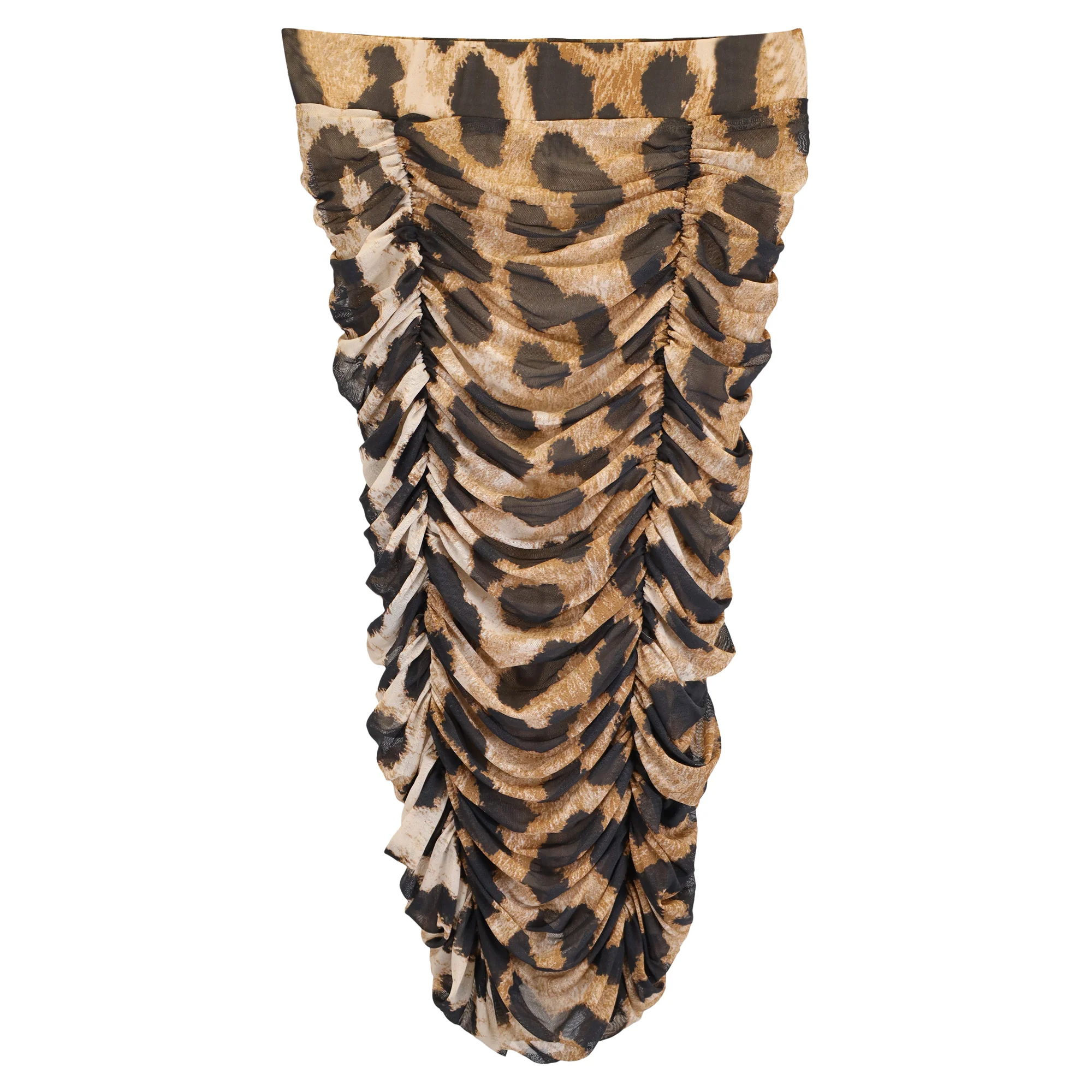 Ganni Ruched Leopard Print Midi Mesh Skirt in Brown Polyester