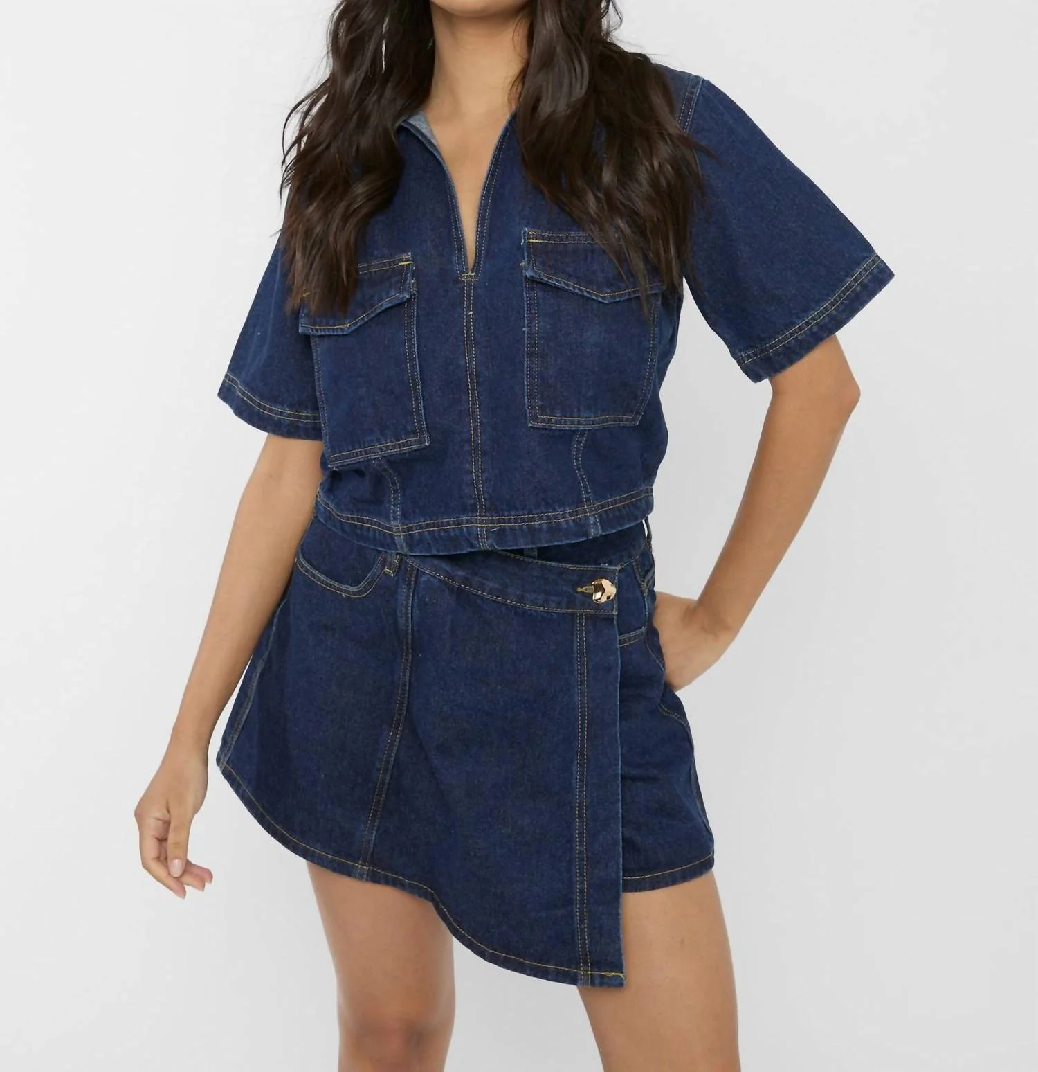 Short Sleeve Jean Skort Set In Dark Blue