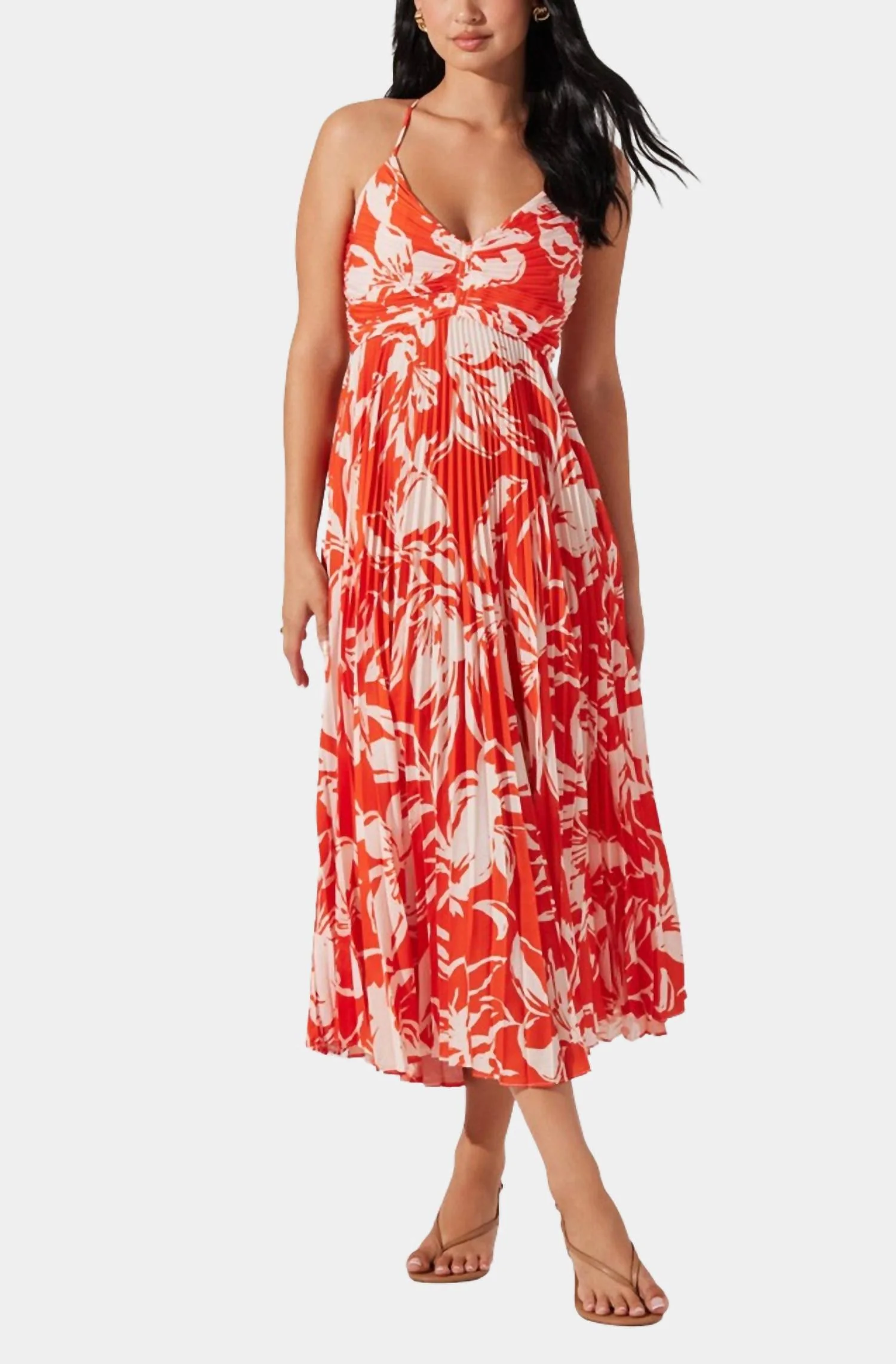 Blythe Floral Plisse Midi Dress In Orange