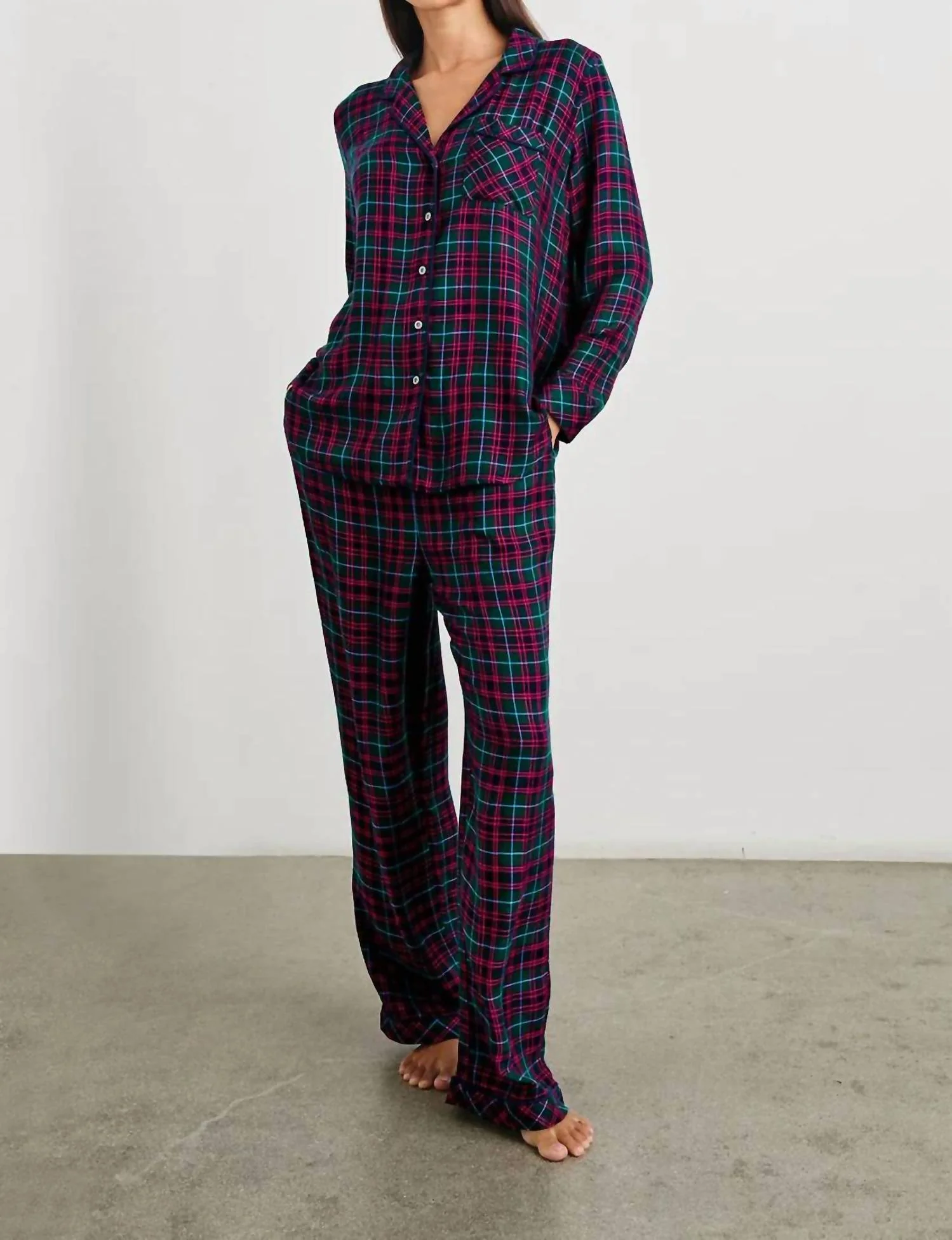 Luna Plaid Pajama Set In Evergreen Fuschia Ice