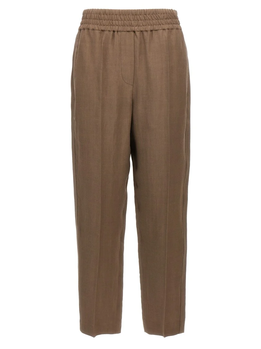 Brown Linen Blend Trousers With Elastic Waistband
