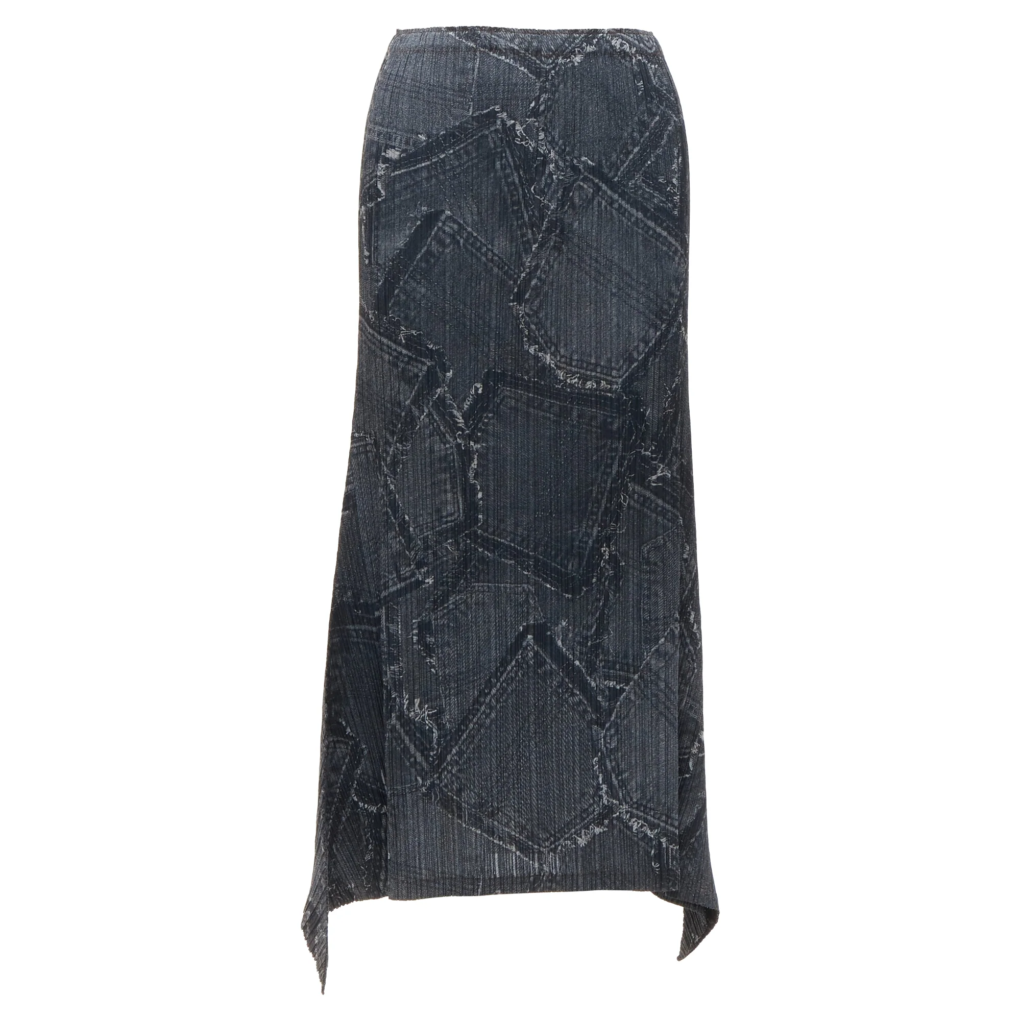 Issey Miyake Pleats Please denim patchwork print pleated skirt