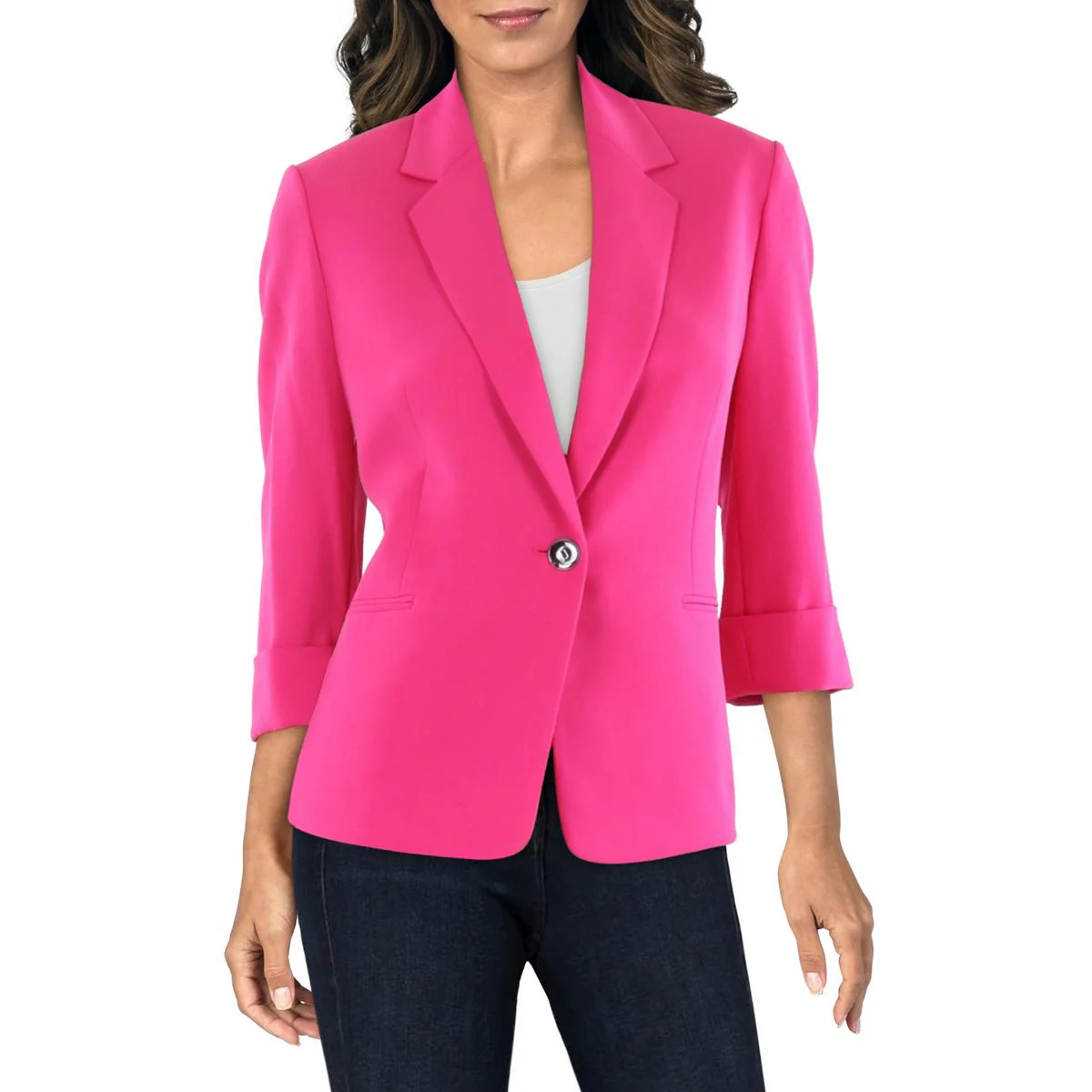 Petites Womens Collar Manmade One-Button Blazer