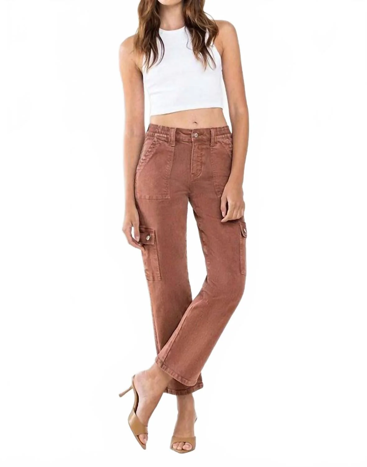 Cargo Denim Pants In Brick Red