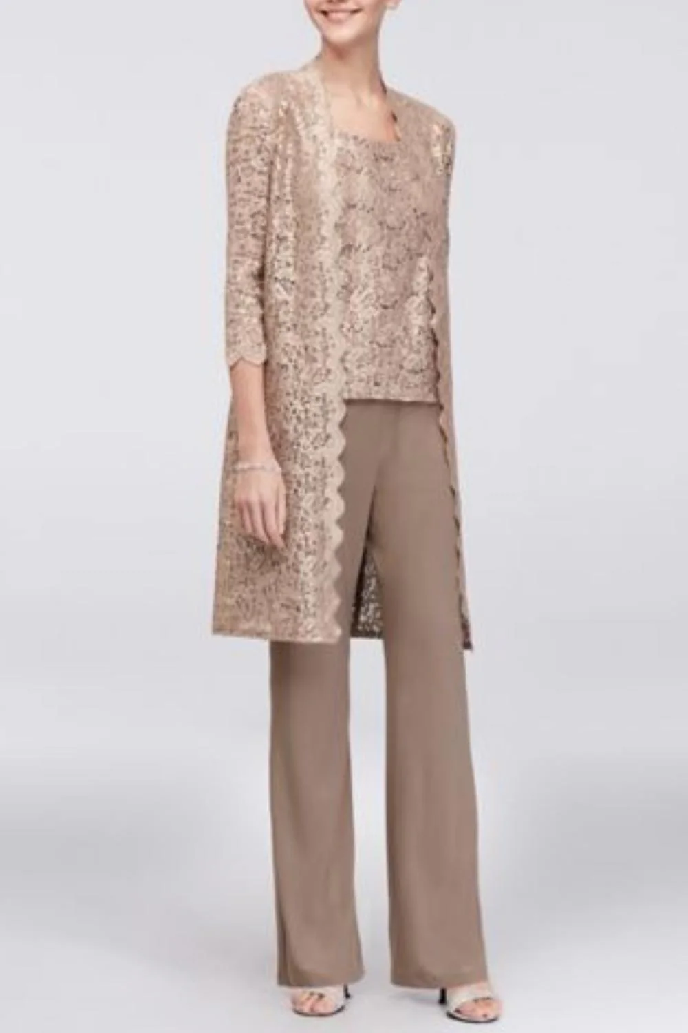 Lace 3/4 Sleeve 3-Piece Pants Set In Champagne