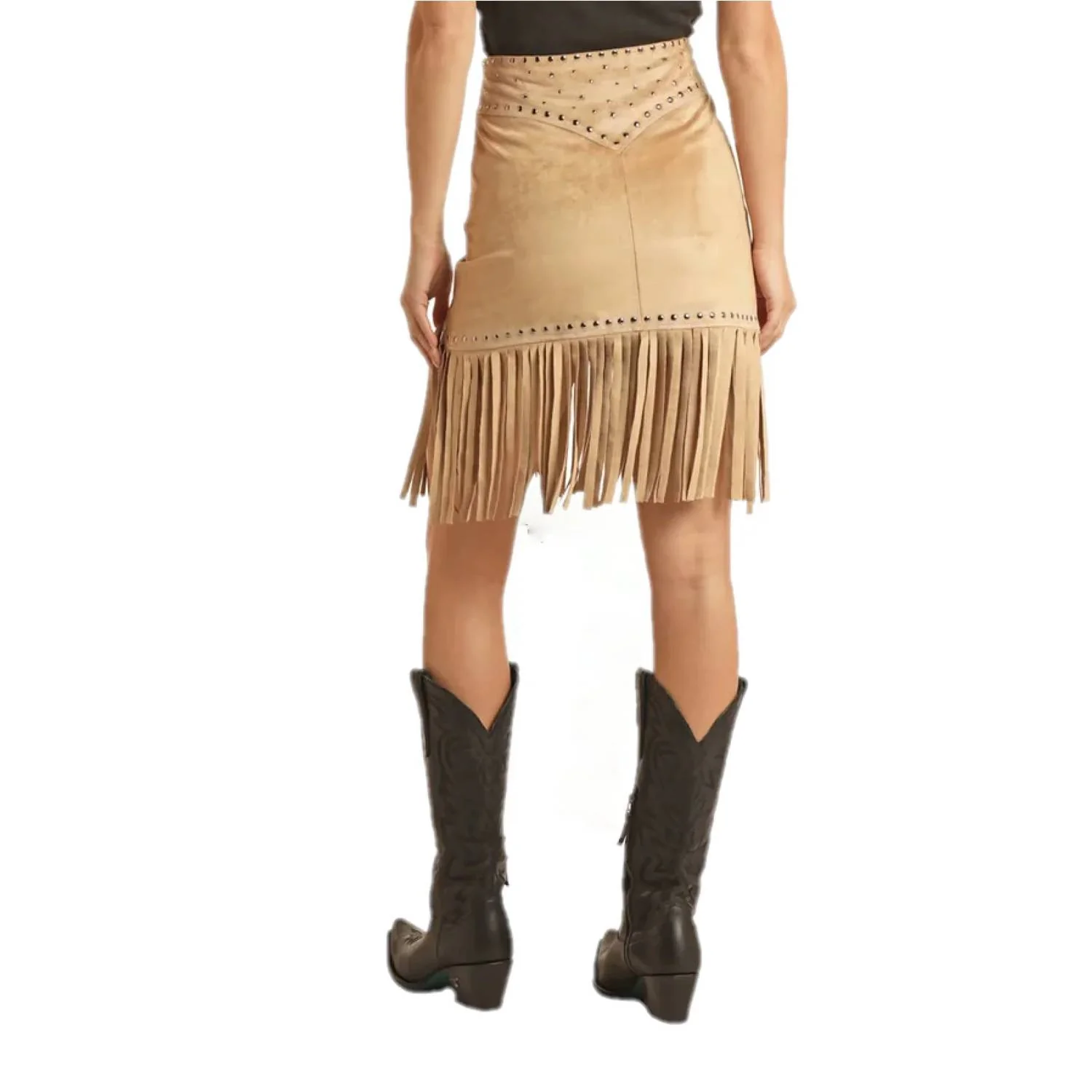 Studded Fringe Skirt With Side Zip In Camel