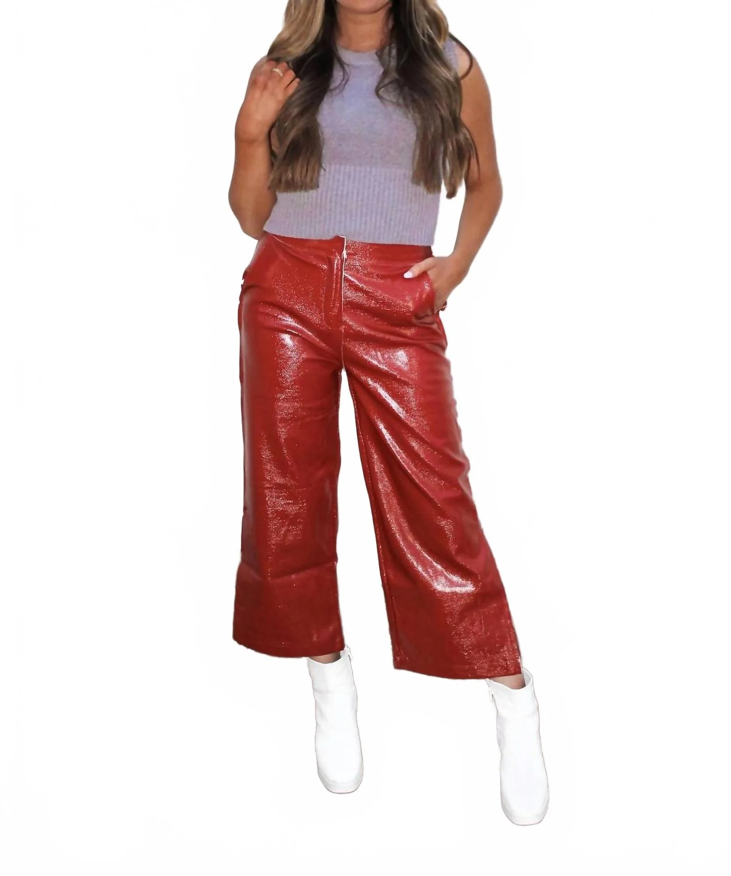 Shiny Faux Leather Pants In Dark Cherry
