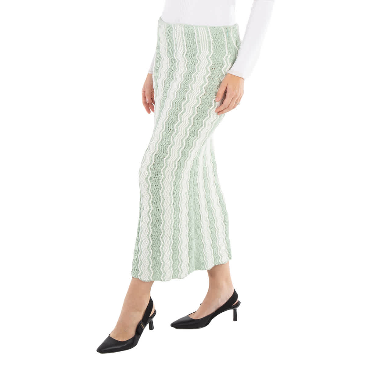Jil Sander Ladies Acid Green Chenille-trimmed Striped Cotton-blend Midi Skirt