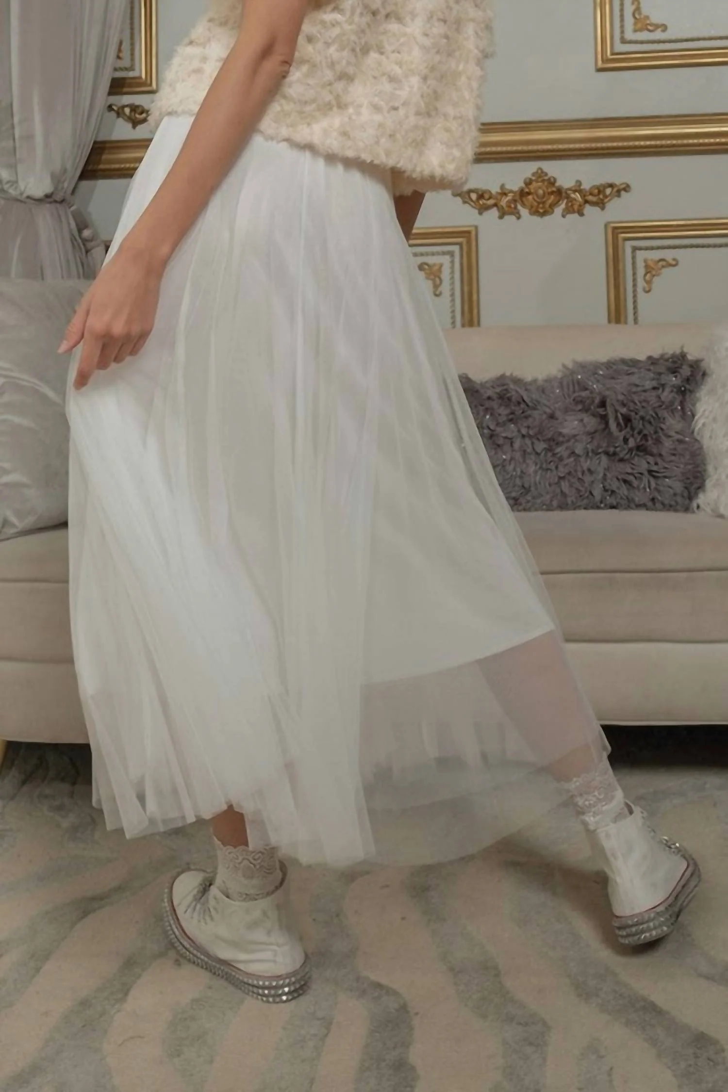 Lace Mesh Layered Midi Skirt In Ivory