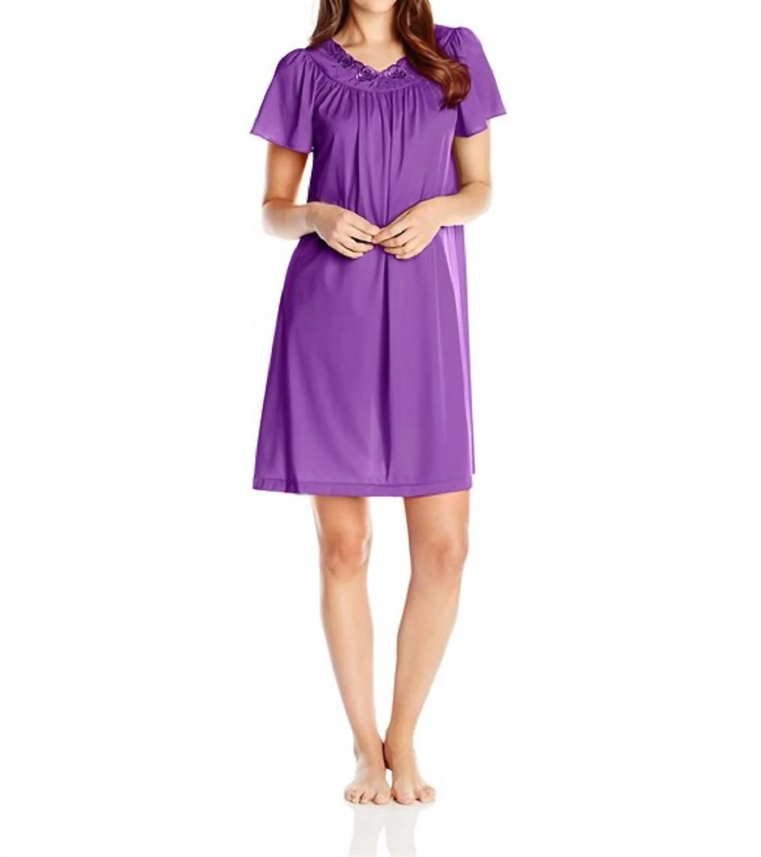Short Gown With Flower Petal Embroidery And Flutter Sleeves In Purple
