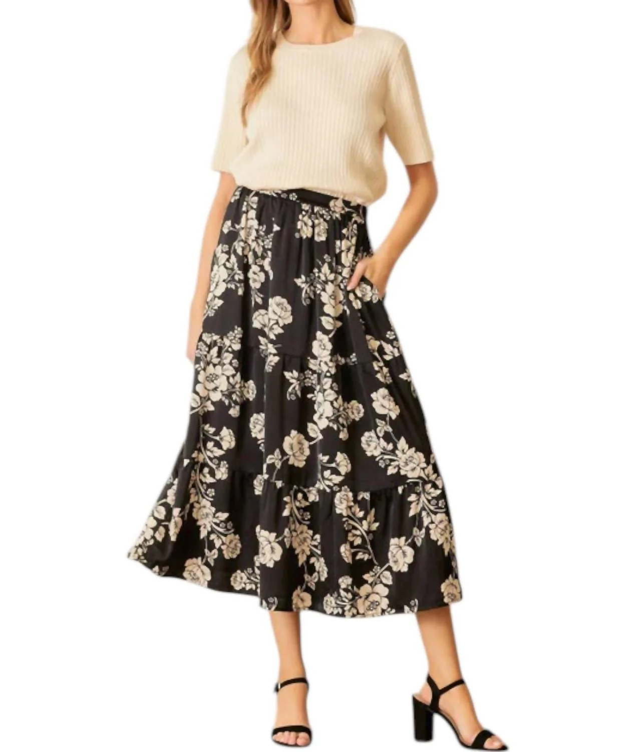 Winter-Garden Satin Maxi Skirt In Black