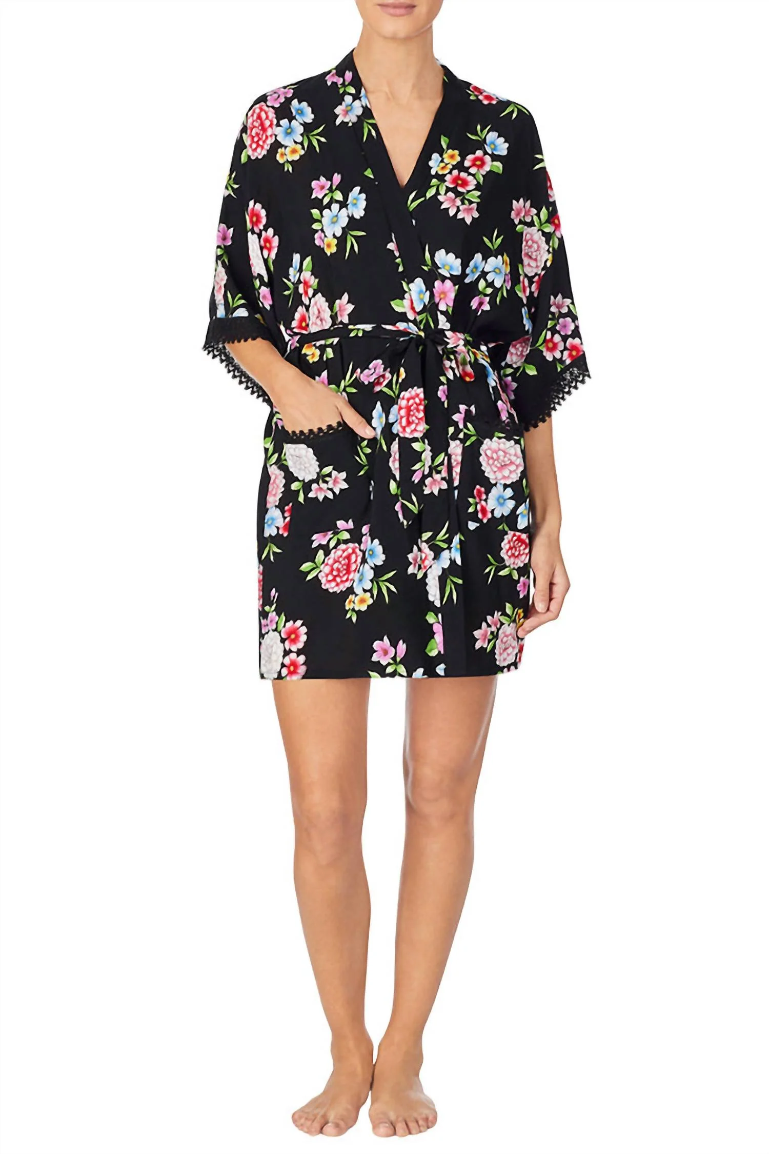 V Neck Wrap Robe In Black Floral
