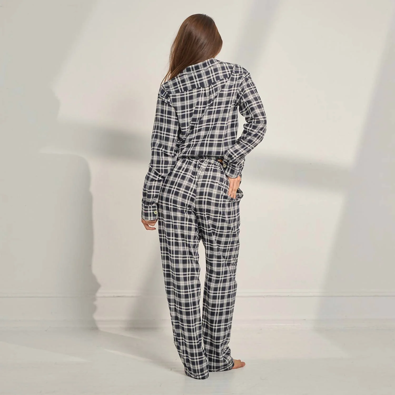 Brushed Flannel Plaid Long Pajama Set In Black White Plaid