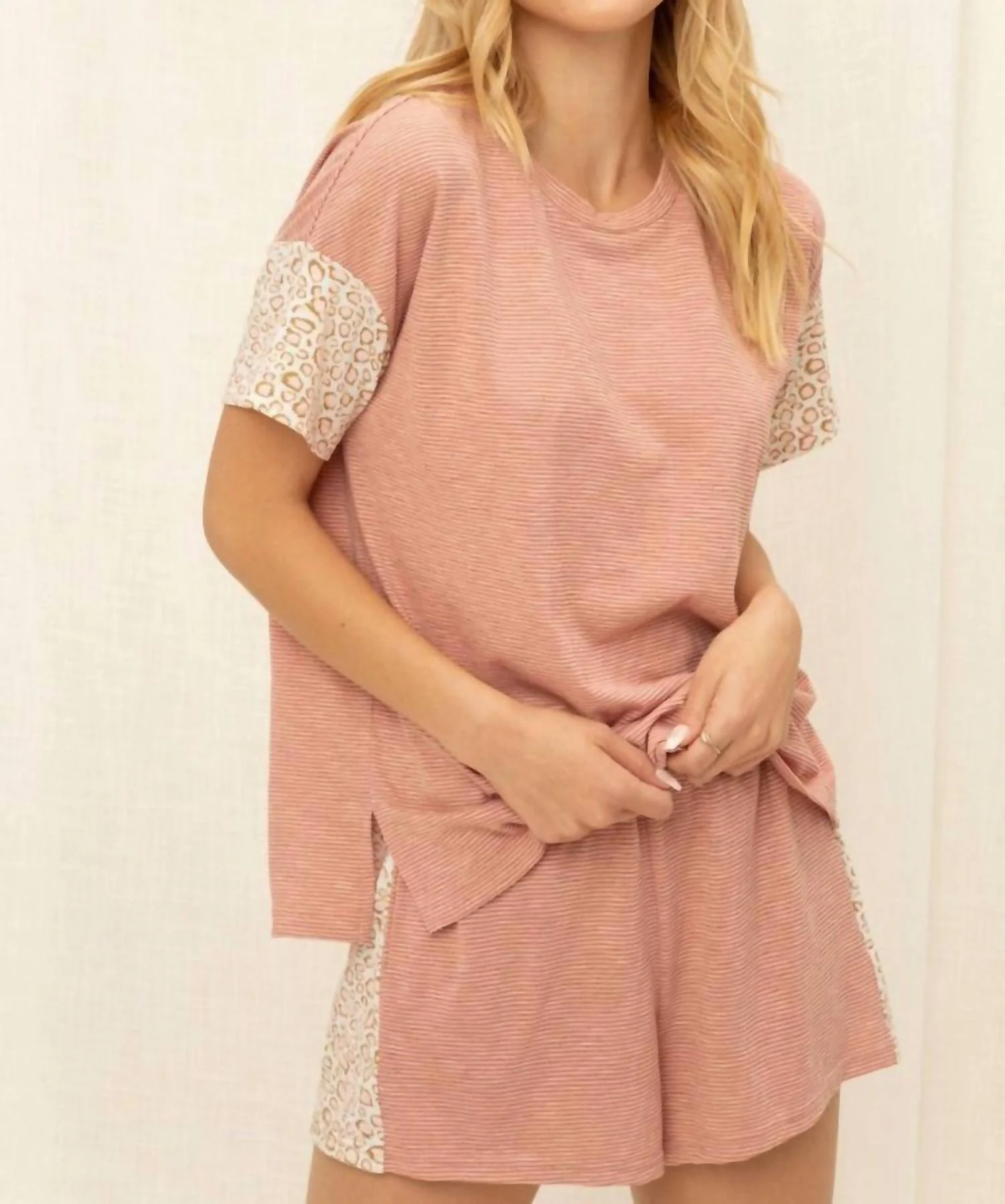 Charlotte Stripe Leopard Top And Shorts Set In Pink