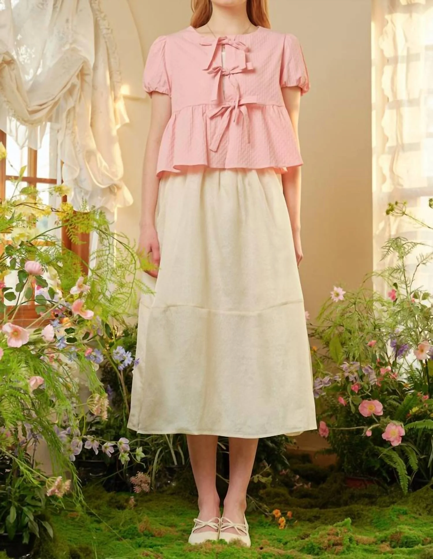 Textured High Waisted Midi Skirt In Beige