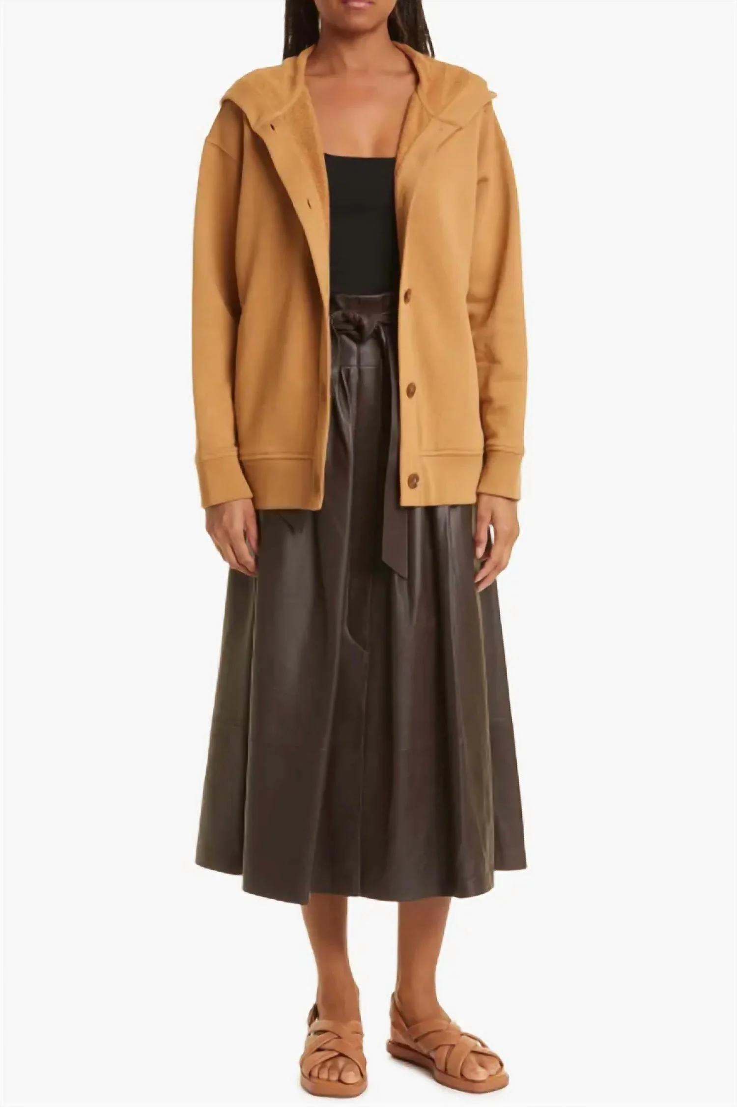 Belted Pleated Leather Skirt In Brown