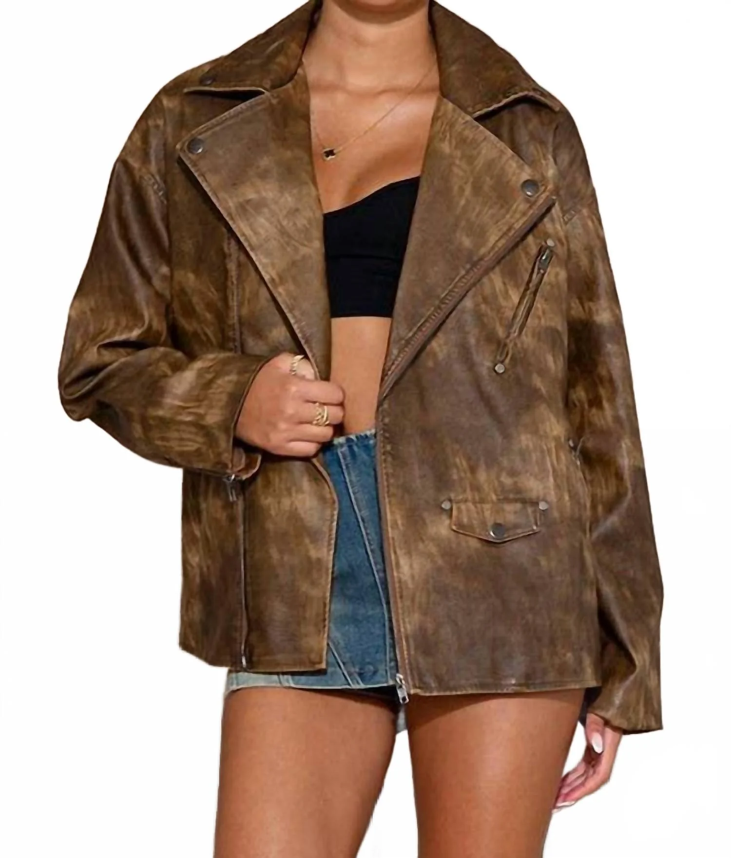 Oversized Vintage Textured Vegan Leather Jacket In Brown