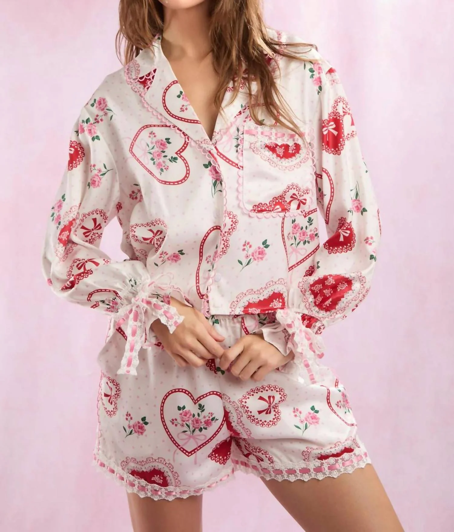 Heart Lace Satin Pajama Set In White/pink