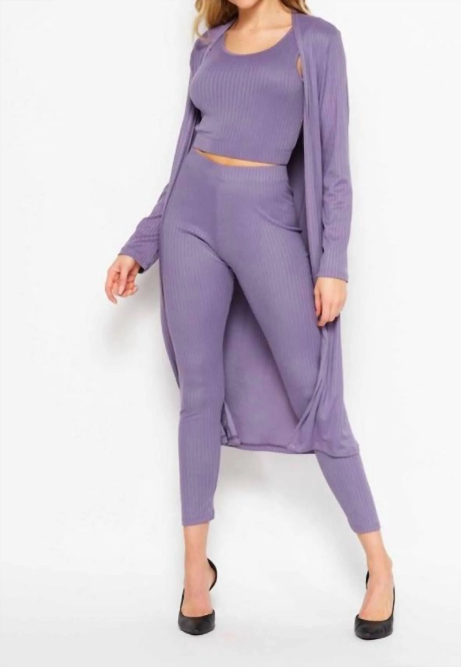 Feels Like Fun 3-Piece Ribbed Set In Lilac