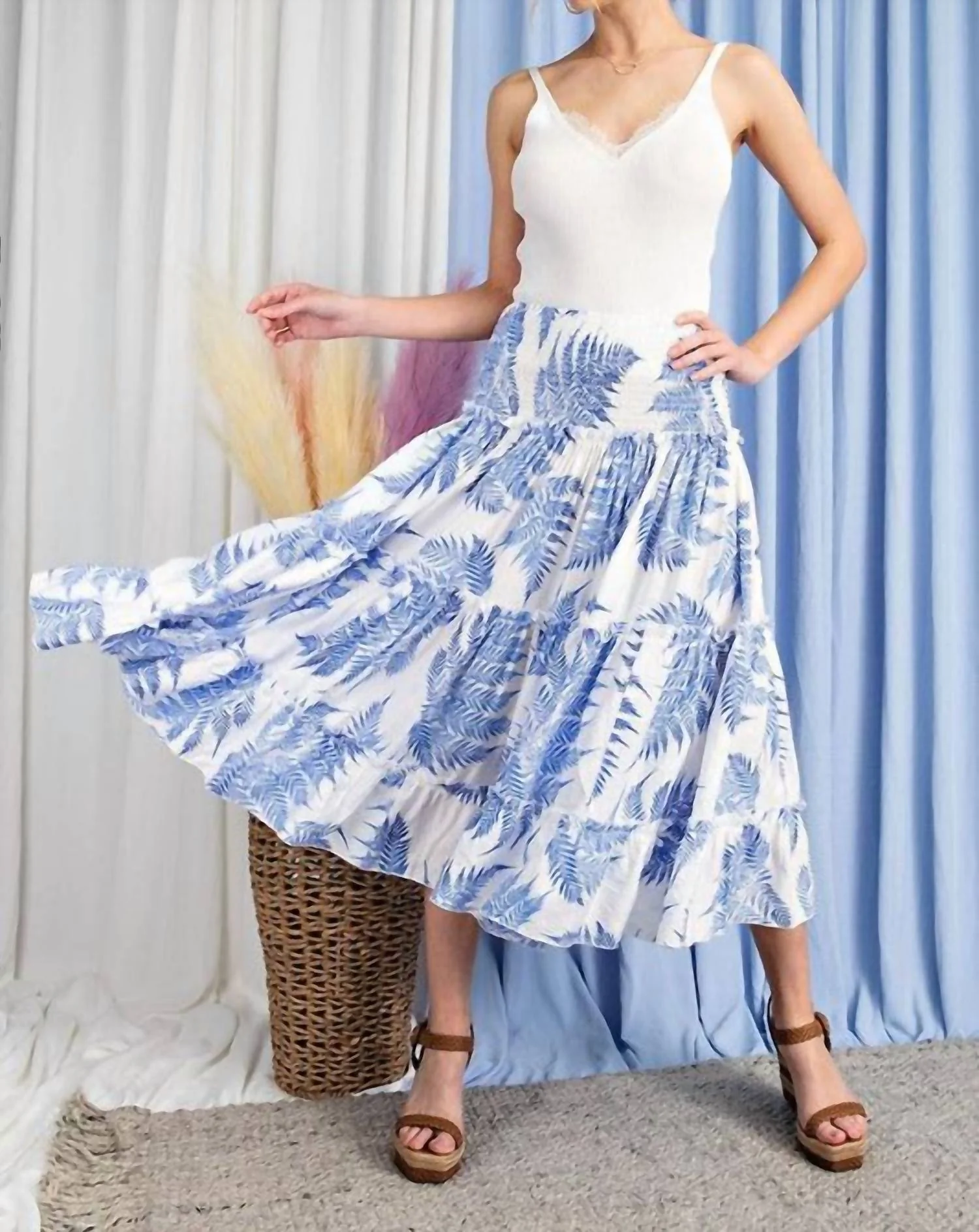 Tropical Print Tiered Maxi Skirt In Blue