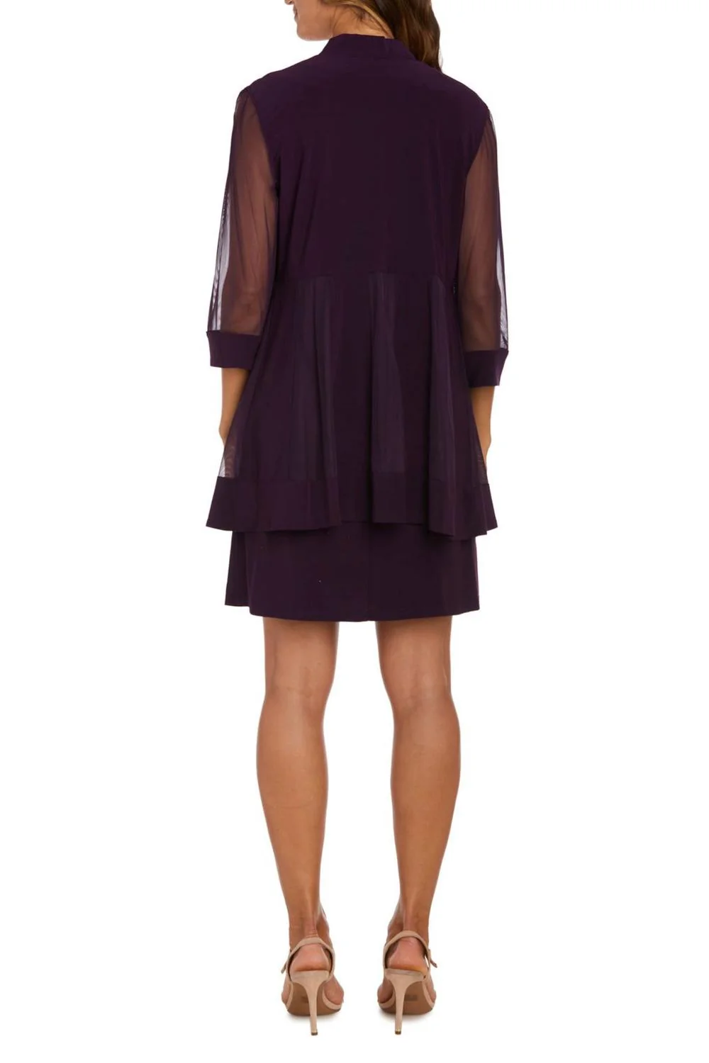 3/4 Sleeve Embellished Jacket & Dress Set In Plum