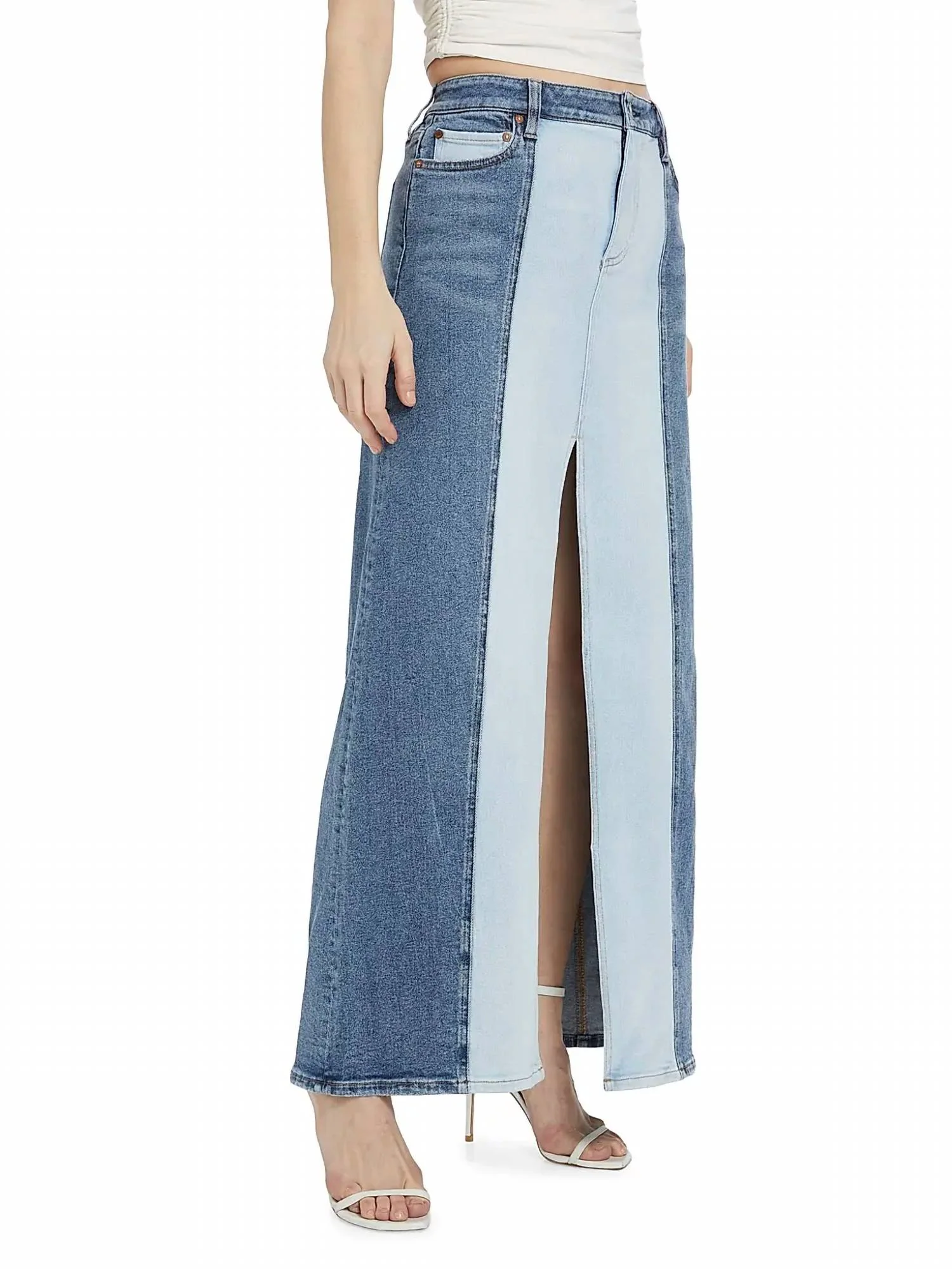 Rye Low-Rise Two-Tone Denim Maxi Skirt In Brooklyn Blue