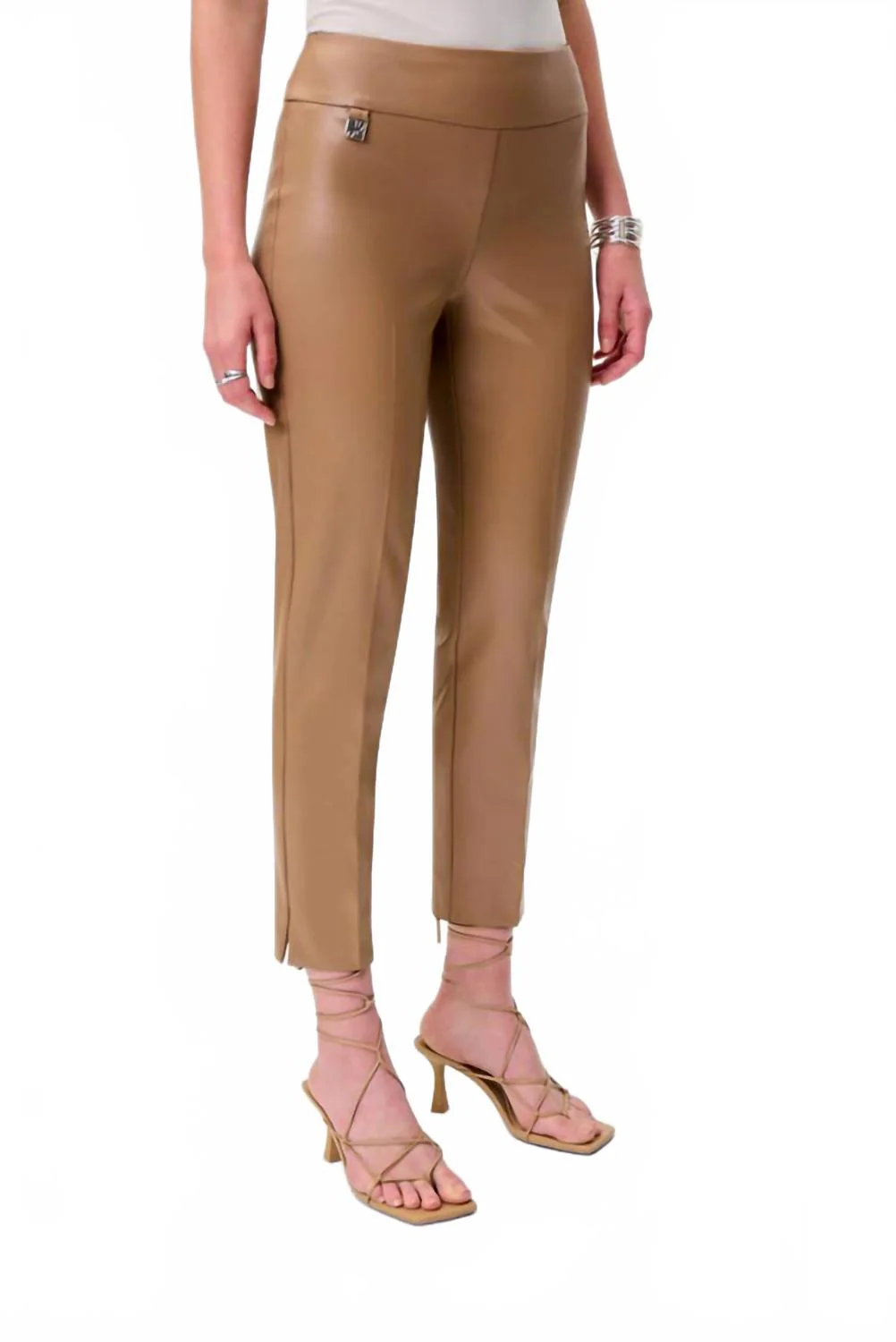Faux Leather Pull On Cropped Pants In Brown