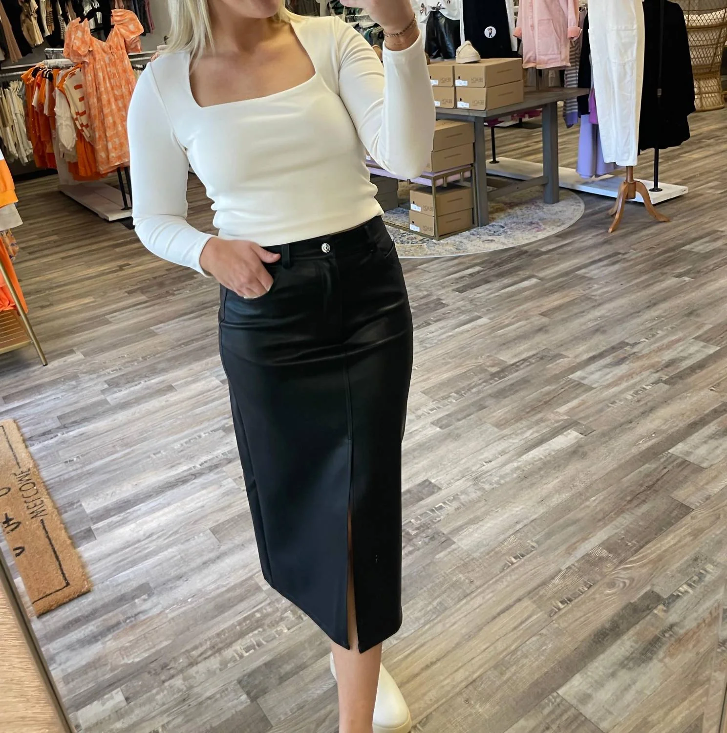 Leather Midi Skirt In Black