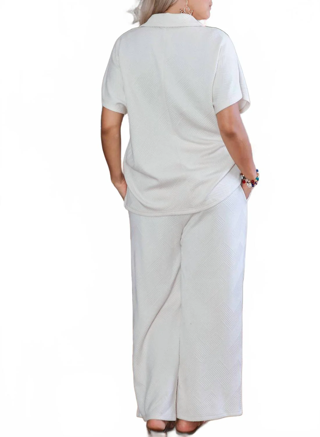 Textured Collared Top And Pants Set For Women - Plus In Beige