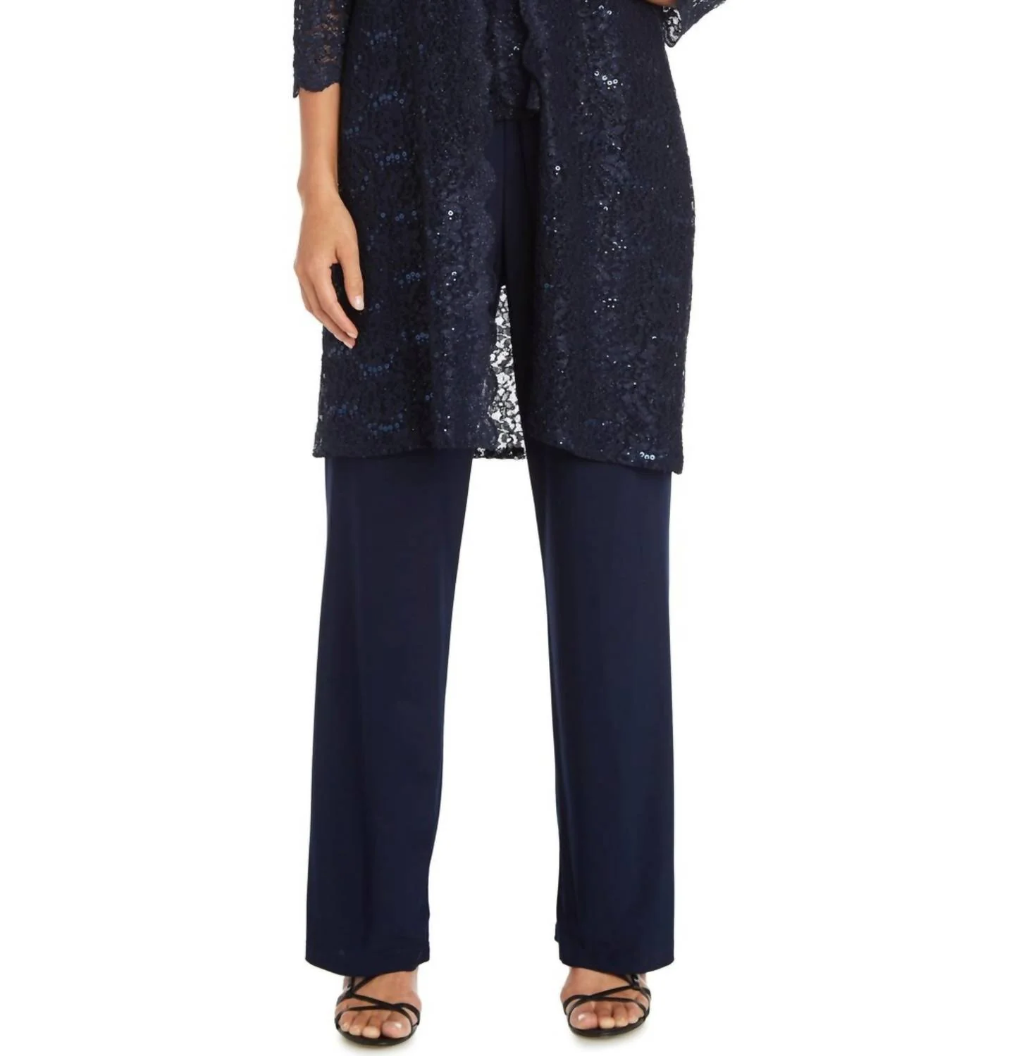 Lace 3/4 Sleeve 3-Piece Pants Set In Navy