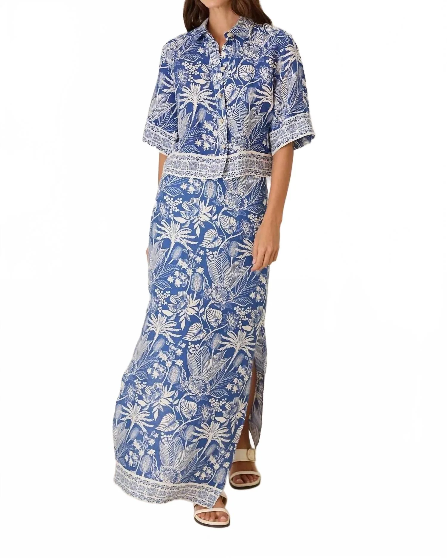 Boxy Shirt And Linen Skirt Set In Print