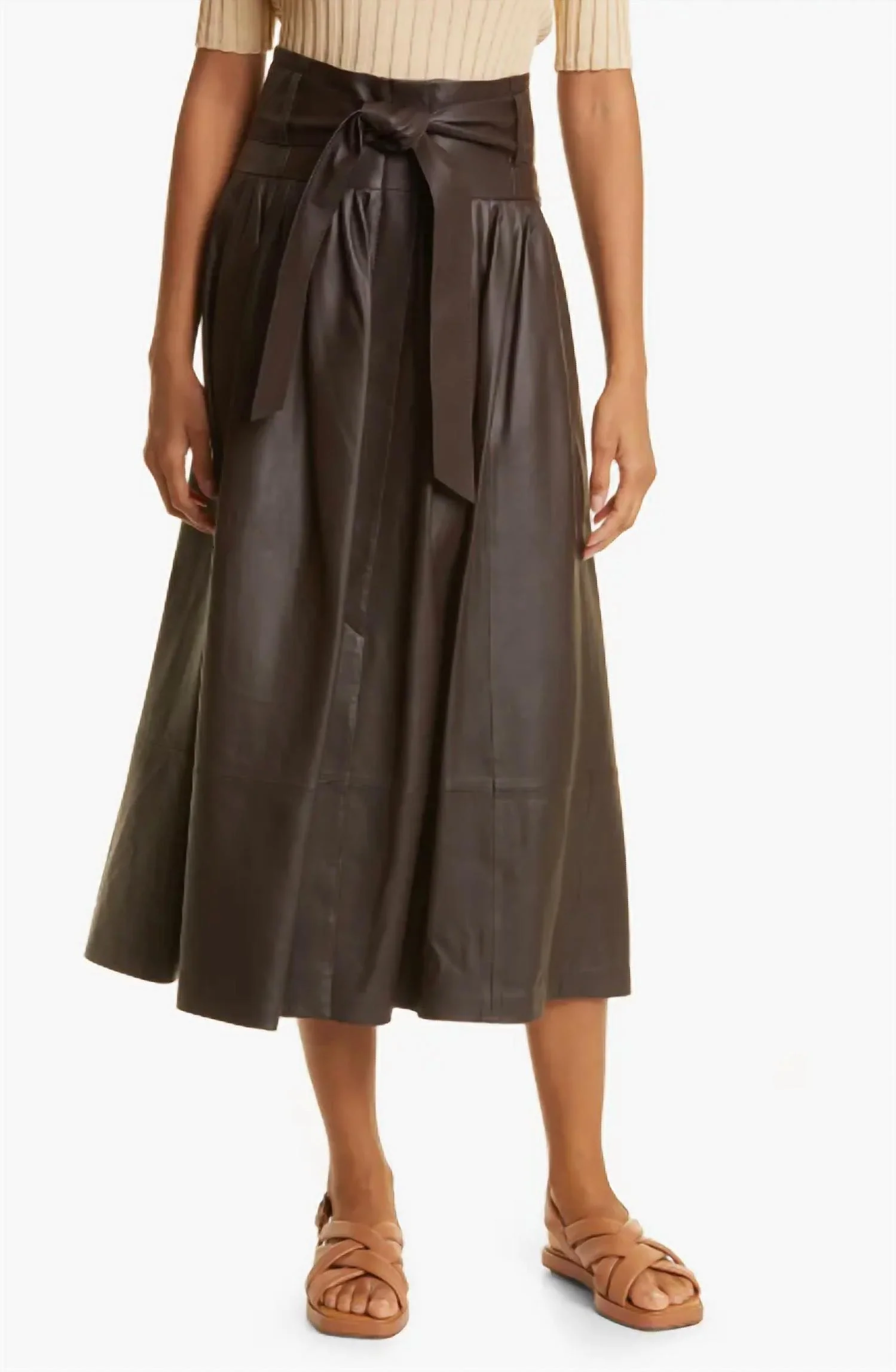 Belted Pleated Leather Skirt In Brown