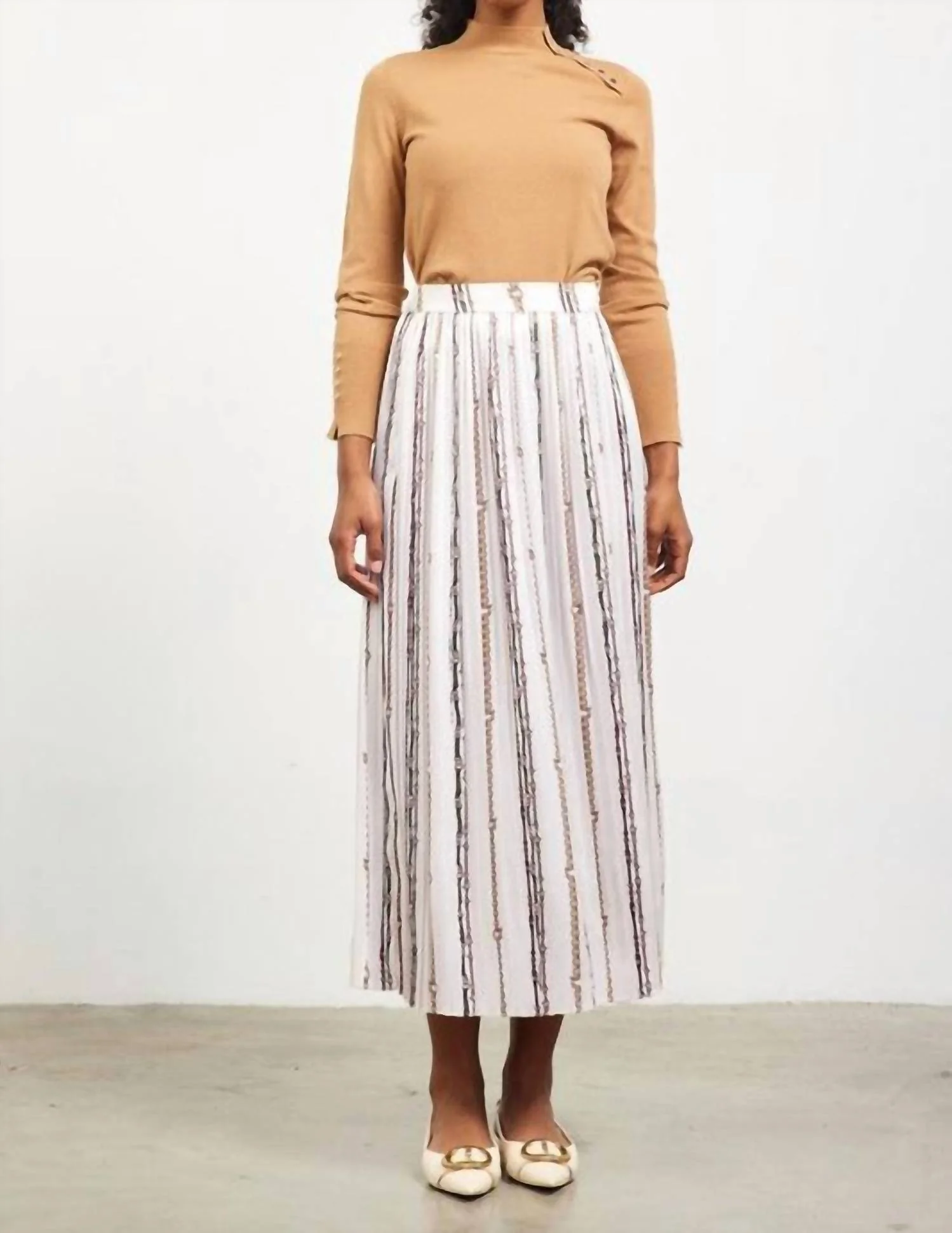 Elastic Waistband Pleated Skirt In Ivory/multi