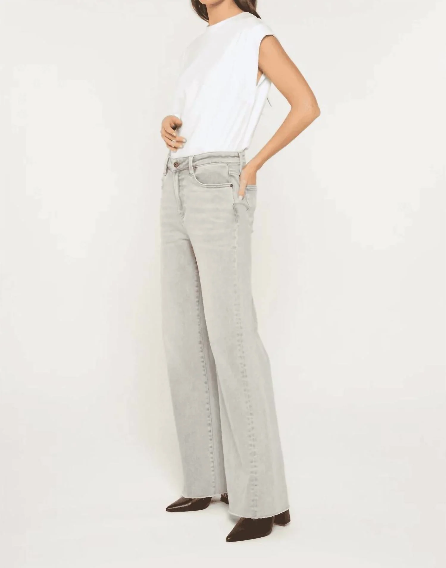 Super High Wide Leg With Raw Hem Pants In Gray