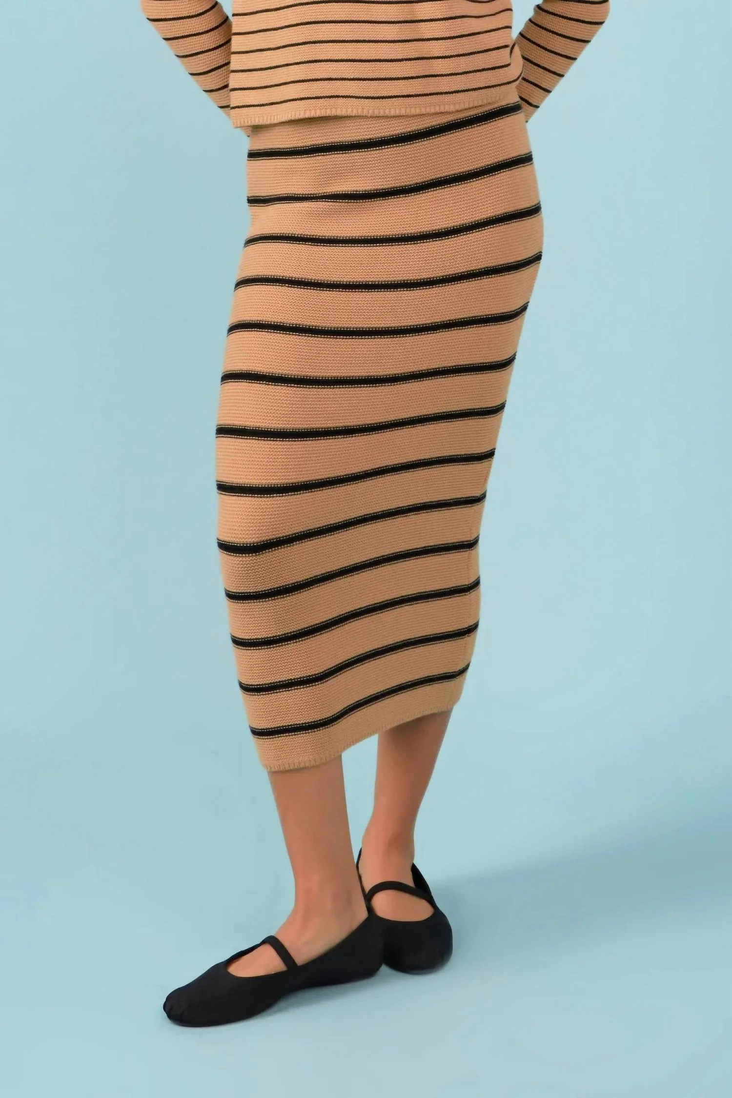 Stripe Knit Midi Skirt In Tan