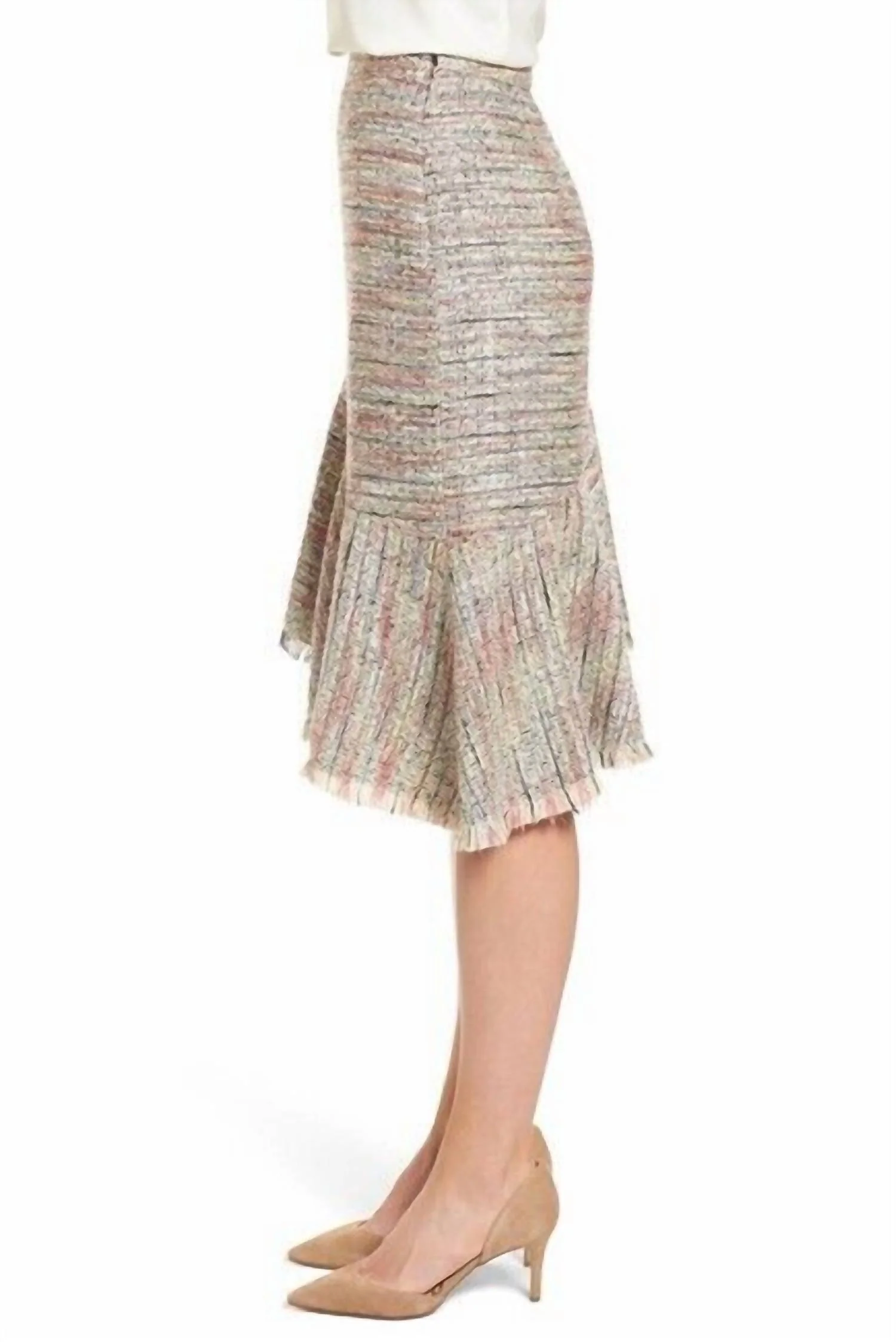 Tweed Asymmetrical Fringe Hem Midi Skirt In Multicolor