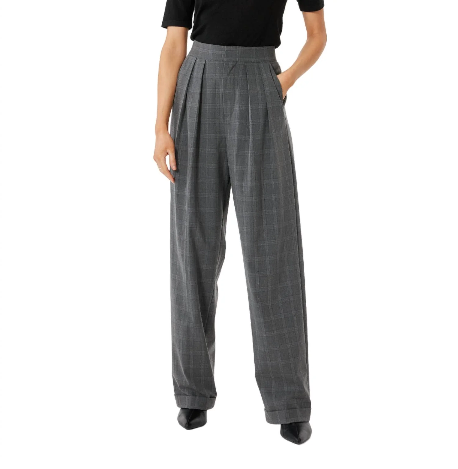 Double Pleat Trouser In Grey Plaid