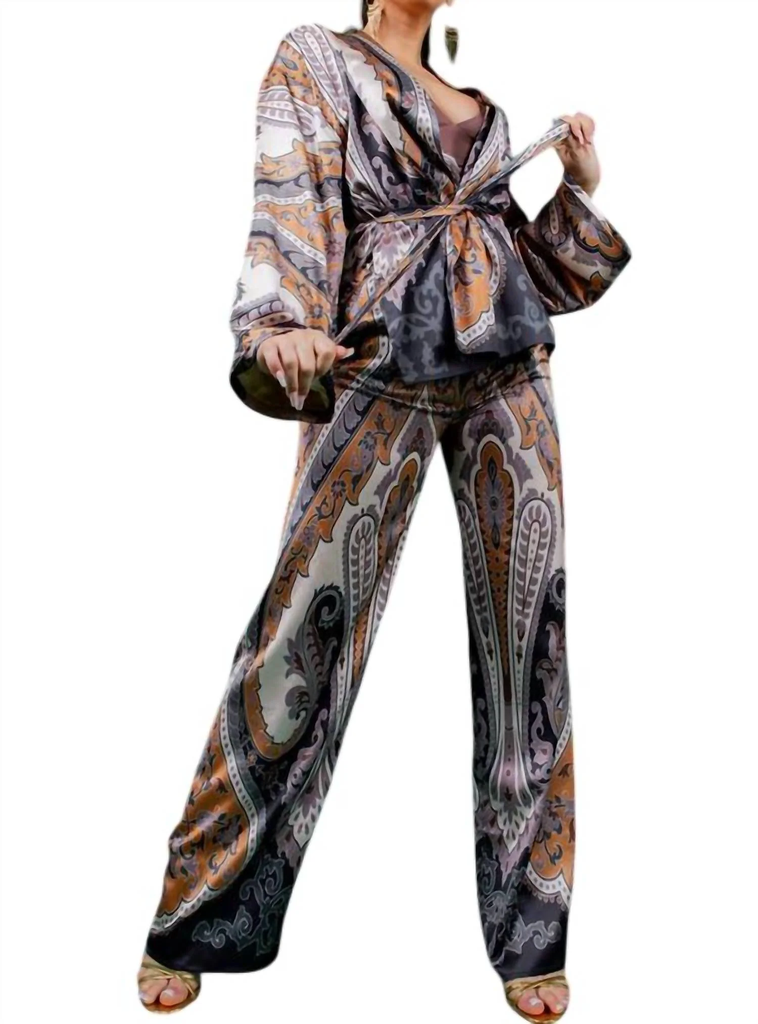 Autumn Kimona Pants Set In Mustard Brown