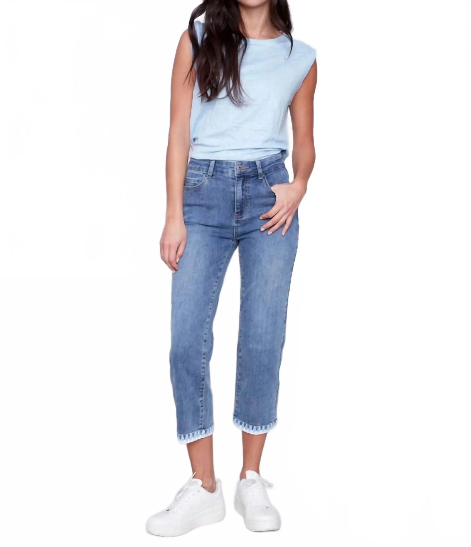 Embroidered Denim Pant In Bleu Moyen