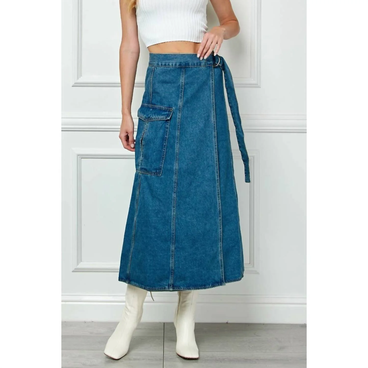 Belted Waist Cargo Denim Skirt In Medium Wash