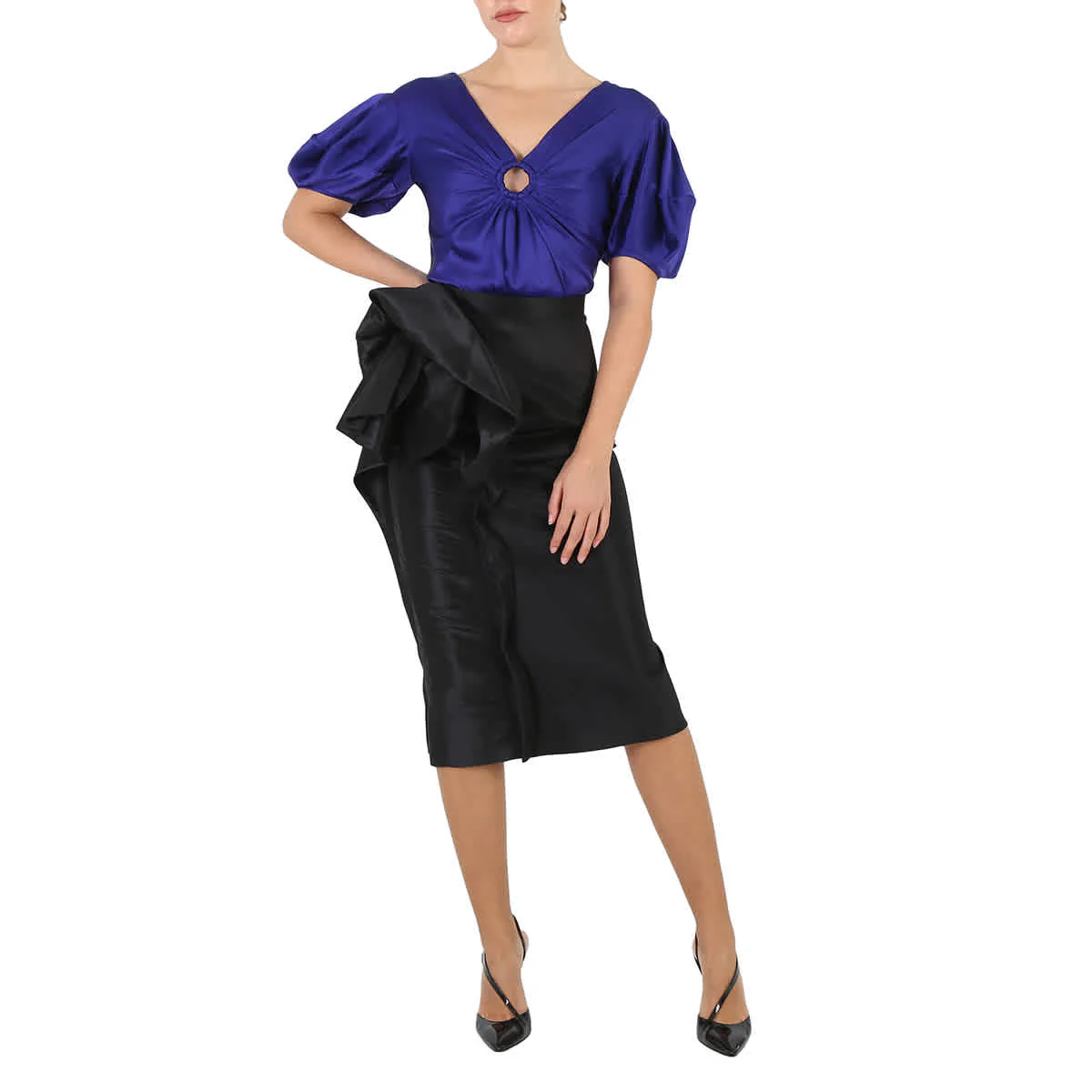 Maison Margiela Ladies Black Floral-Detail Midi Skirt