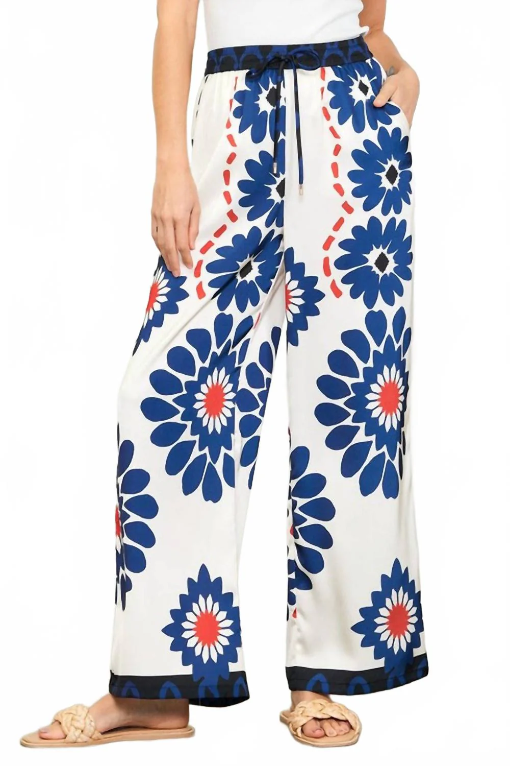 Floral Co-Ord Wide Leg Pants In Ivory/navy