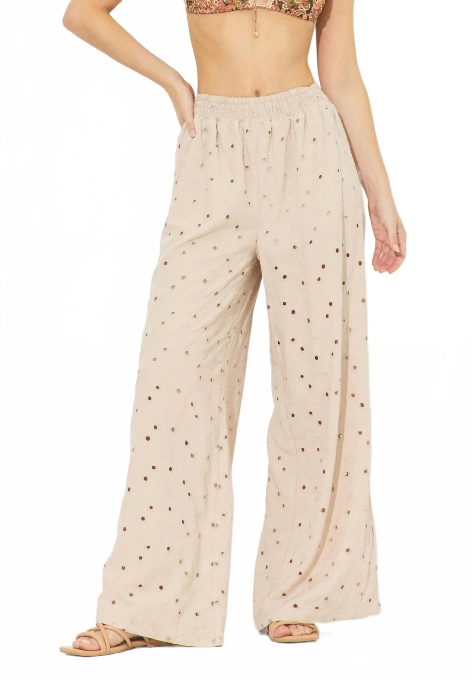 Floral Eyelet Pant In Beige