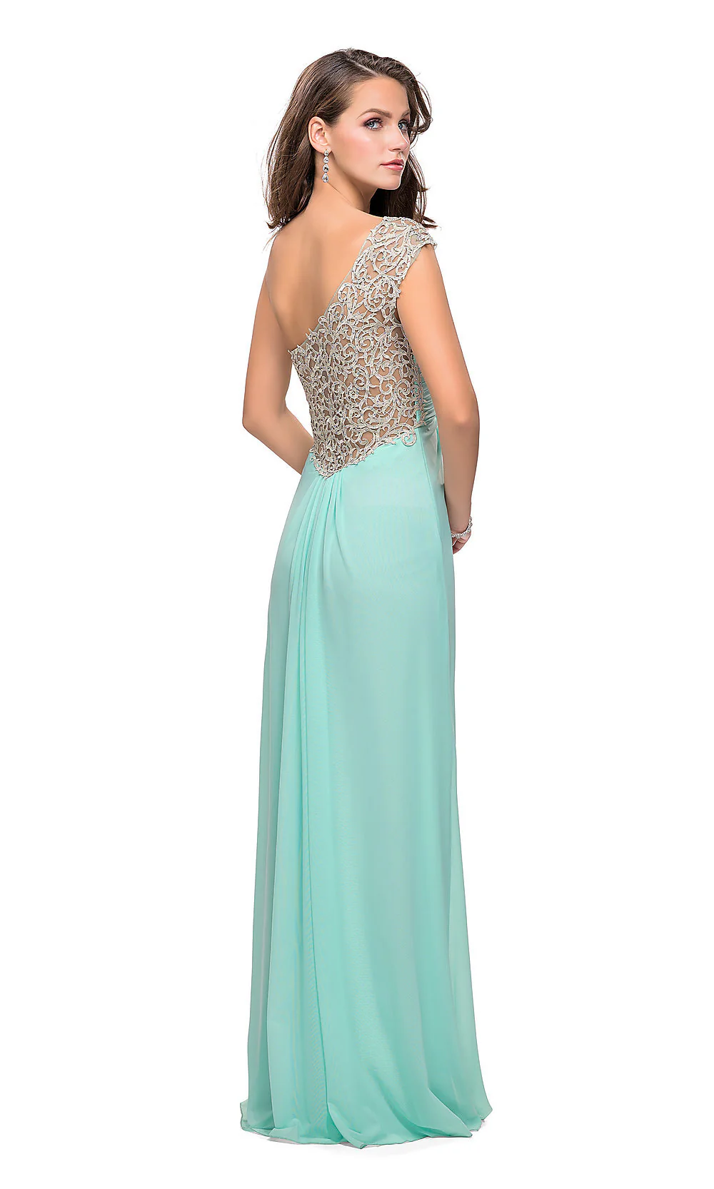 One-Shoulder Long La Femme Lace-Back Prom Dress