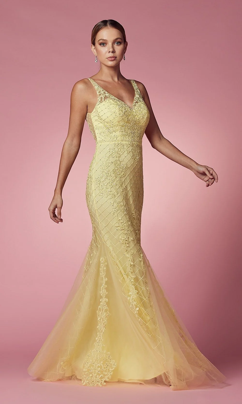 Deep V-Back Long Prom Dress with Beaded Embroidery