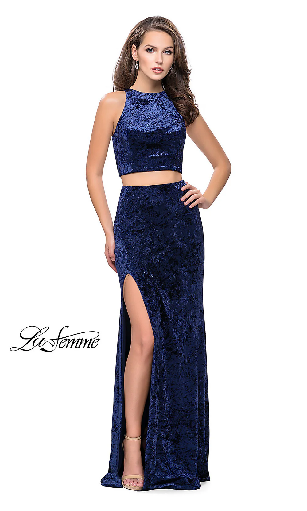 Long Two-Piece Velvet La Femme Prom Dress